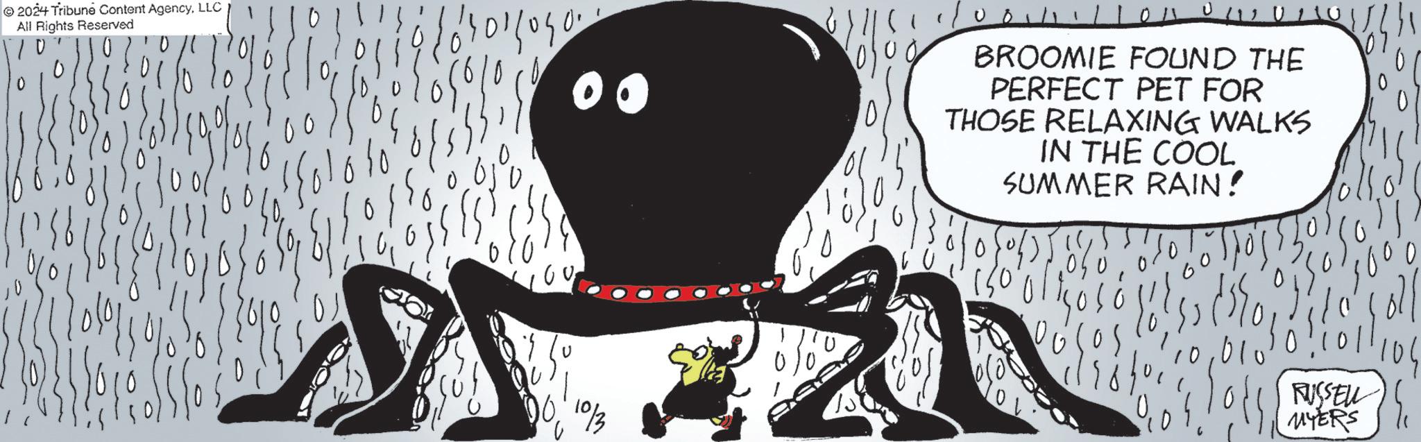 Illustration OCR: 2024 Tribune Content AgencyLLC All Rights Reserved 01/090. 00 BROOMIE FOUND THE PERFECT PET FOR THOSE RELAXING WALKS IN THE COOL SUMMER RAIN! 0 10/3 10 RUSSELL MYERS 2024 Tribune Content AgencyLLC All Rights Reserved 01/090 . 00 BROOMIE FOUND THE PERFECT PET FOR THOSE RELAXING WALKS IN THE COOL SUMMER RAIN ! 0 10/3 10 RUSSELL MYERS