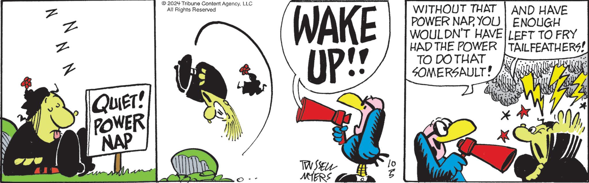 Drawing OCR: N NNN QUIET! POWER NAP TWSSELL MYERS 2024 Tribune Content AgencyLLC All Rights Reserved WAKE UP!! WITHOUT THAT POWER NAPYOU AND HAVE ENOUGH WOULDN'T HAVE LEFT TO FRY HAD THE POWER TAILFEATHERS! TO DO THAT SOMERSAULT! 23 N NNN QUIET ! POWER NAP TWSSELL MYERS 2024 Tribune Content AgencyLLC All Rights Reserved WAKE UP !! WITHOUT THAT POWER NAPYOU AND HAVE ENOUGH WOULDN'T HAVE LEFT TO FRY HAD THE POWER TAILFEATHERS ! TO DO THAT SOMERSAULT ! 23