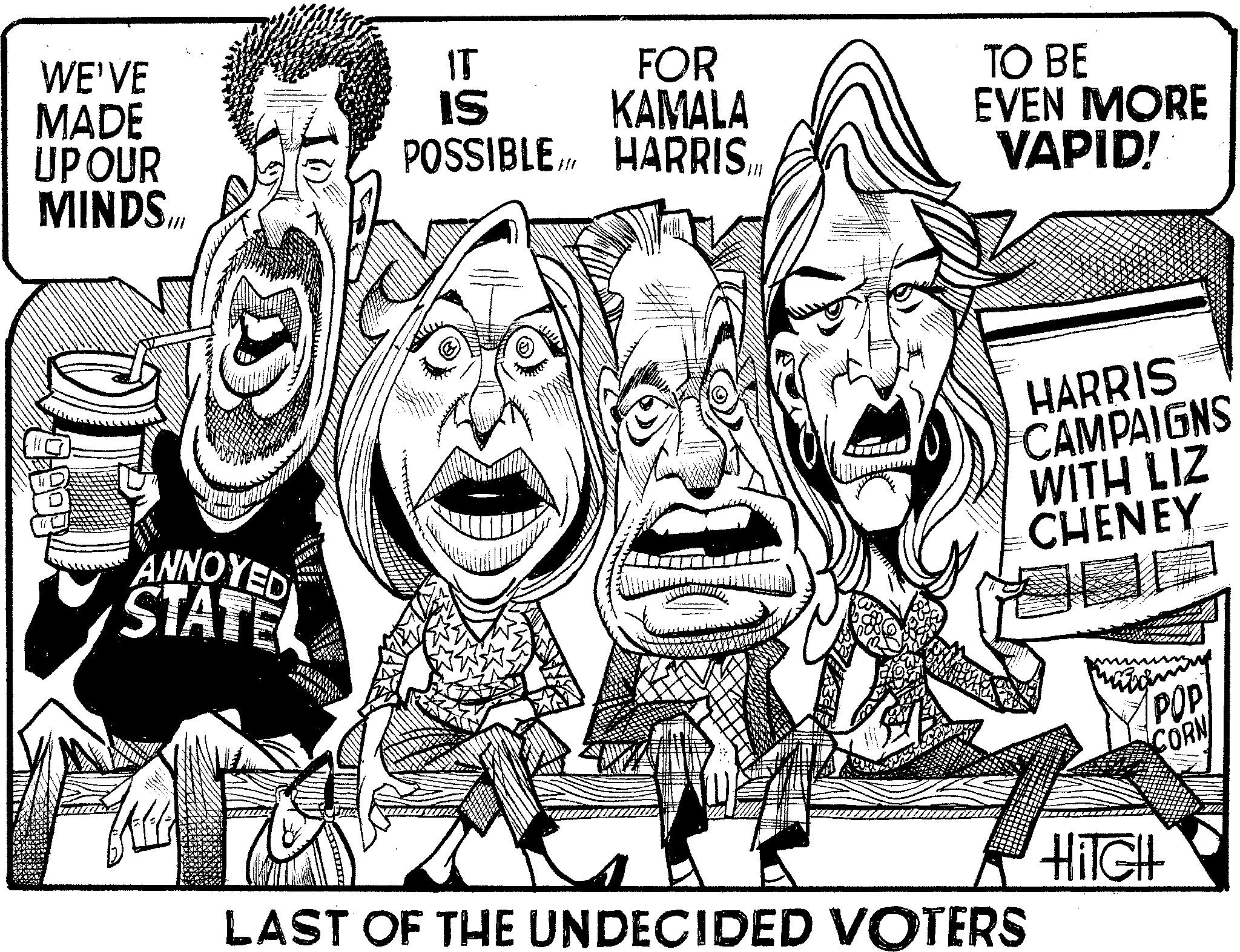 Style OCR: FOR KAMALA POSSIBLEI WE'VE MADE IT IS UPOUR MINDS... ANNOYED STATE TO BE EVEN MORE VAPID! LAST OF THE UNDECIDED VOTERS HARRIS CAMPAIGNS WITH LIZ CHENEY HITCH POP CORN FOR KAMALA POSSIBLEI WE'VE MADE IT IS UPOUR MINDS ... ANNOYED STATE TO BE EVEN MORE VAPID ! LAST OF THE UNDECIDED VOTERS HARRIS CAMPAIGNS WITH LIZ CHENEY HITCH POP CORN