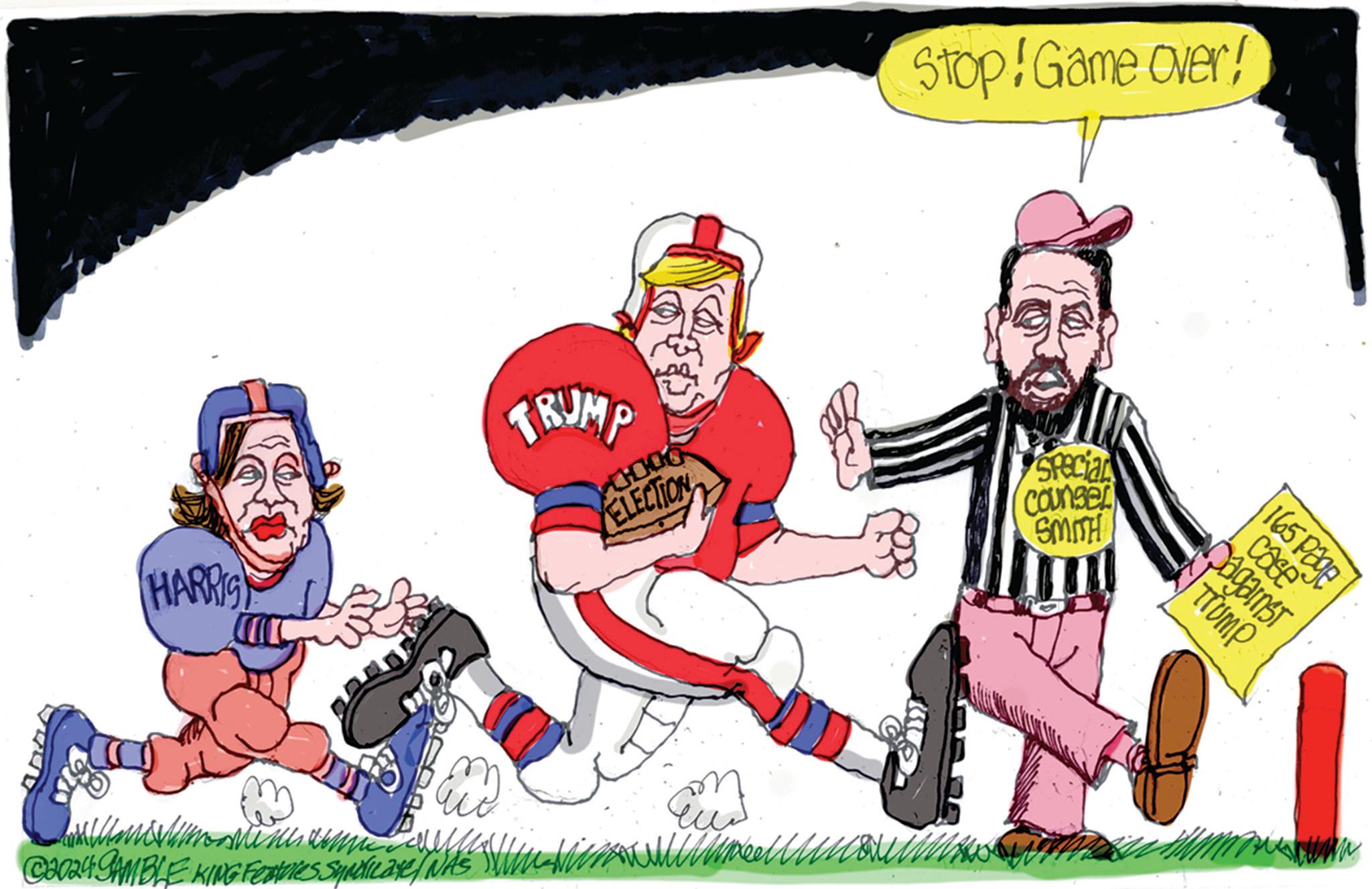 Pleased OCR: Stop! Game Over! ELECTION Specia Counsel SMITH HARRIS TRUMP CHOO © 2024 GAMBLE KING Features Syndicate / NAS Wim-Mim Mi Case 165 Page Dagainst TRUMP Stop ! Game Over ! ELECTION Specia Counsel SMITH HARRIS TRUMP CHOO © 2024 GAMBLE KING Features Syndicate / NAS Wim - Mim Mi Case 165 Page Dagainst TRUMP