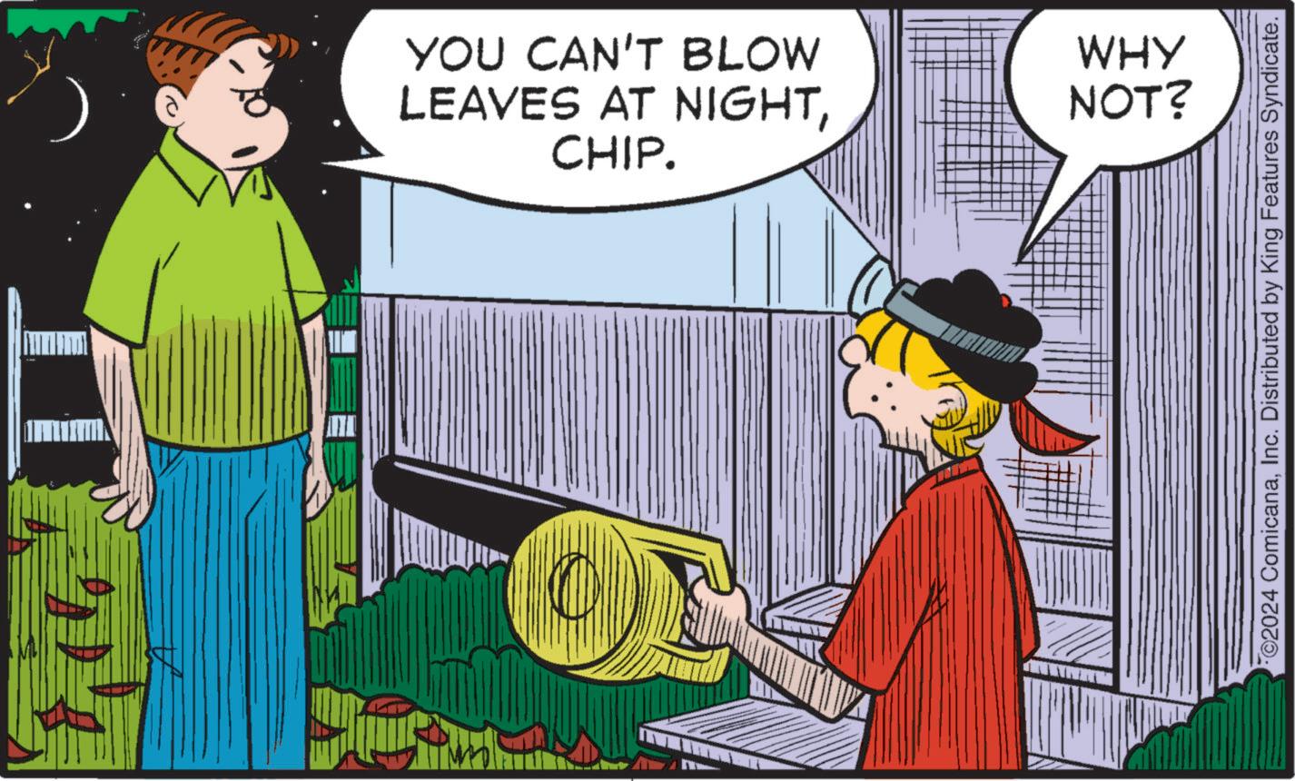 Art OCR: YOU CAN'T BLOW LEAVES AT NIGHTCHIP. WHY NOT? O2024 ComicanaInc. Distributed by King Features Syndicate. YOU CAN'T BLOW LEAVES AT NIGHTCHIP . WHY NOT ? O2024 ComicanaInc. Distributed by King Features Syndicate .