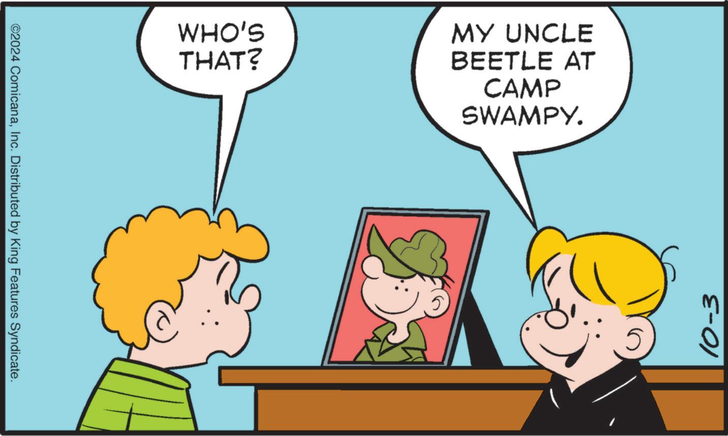 Gesture OCR: ©2024 ComicanaInc. Distributed by King Features Syndicate. WHO'S THAT? MY UNCLE BEETLE AT CAMP SWAMPY. 10-3 © 2024 ComicanaInc. Distributed by King Features Syndicate . WHO'S THAT ? MY UNCLE BEETLE AT CAMP SWAMPY . 10-3