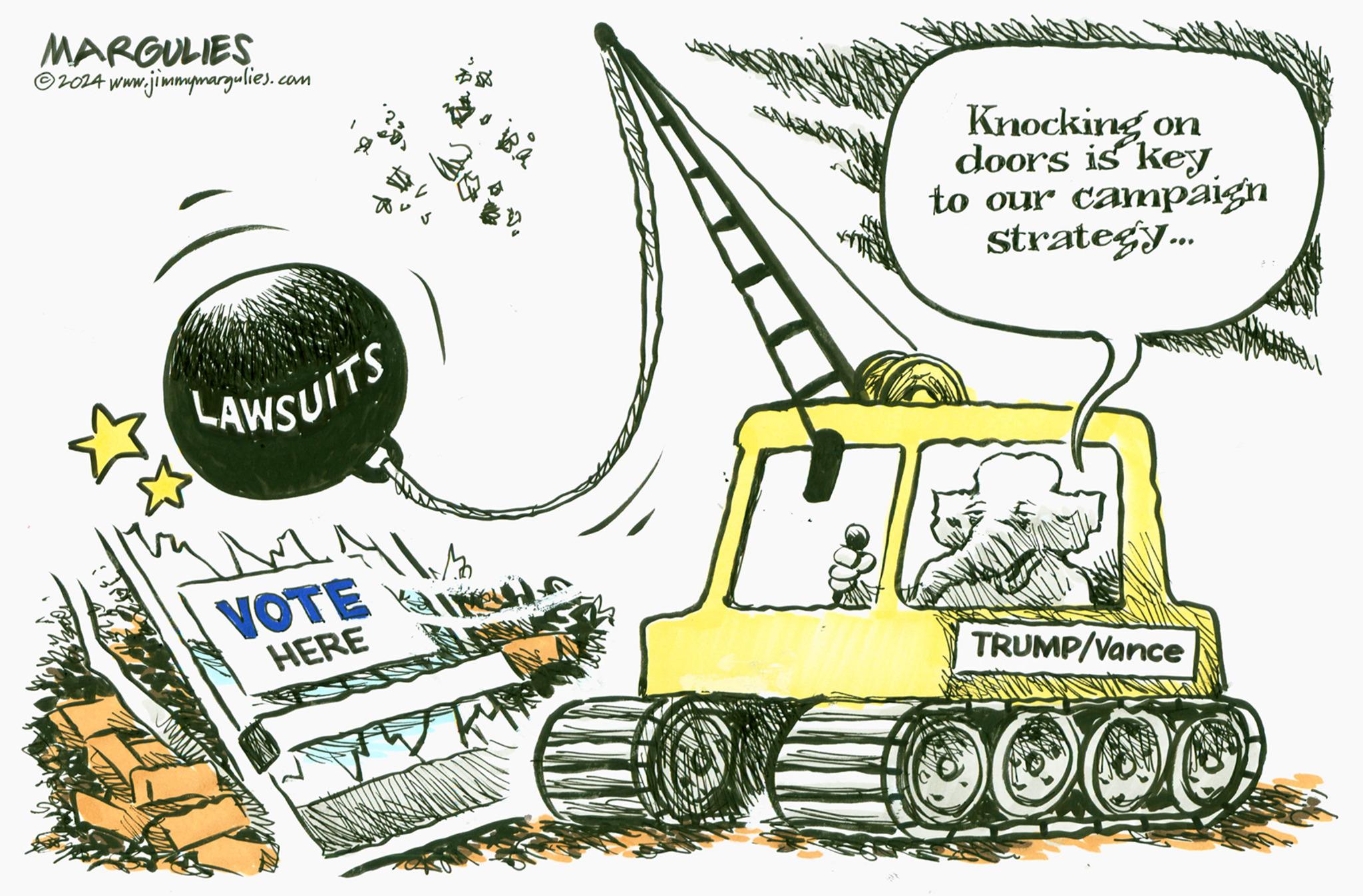 Line art OCR: MARGULIES ©2024 www.jimmymargulies.com LAWSUITS MA VOTE HERE Knocking on doors is key to our campaign strategy... TRUMP/Vance MARGULIES © 2024 www.jimmymargulies.com LAWSUITS MA VOTE HERE Knocking on doors is key to our campaign strategy ... TRUMP / Vance