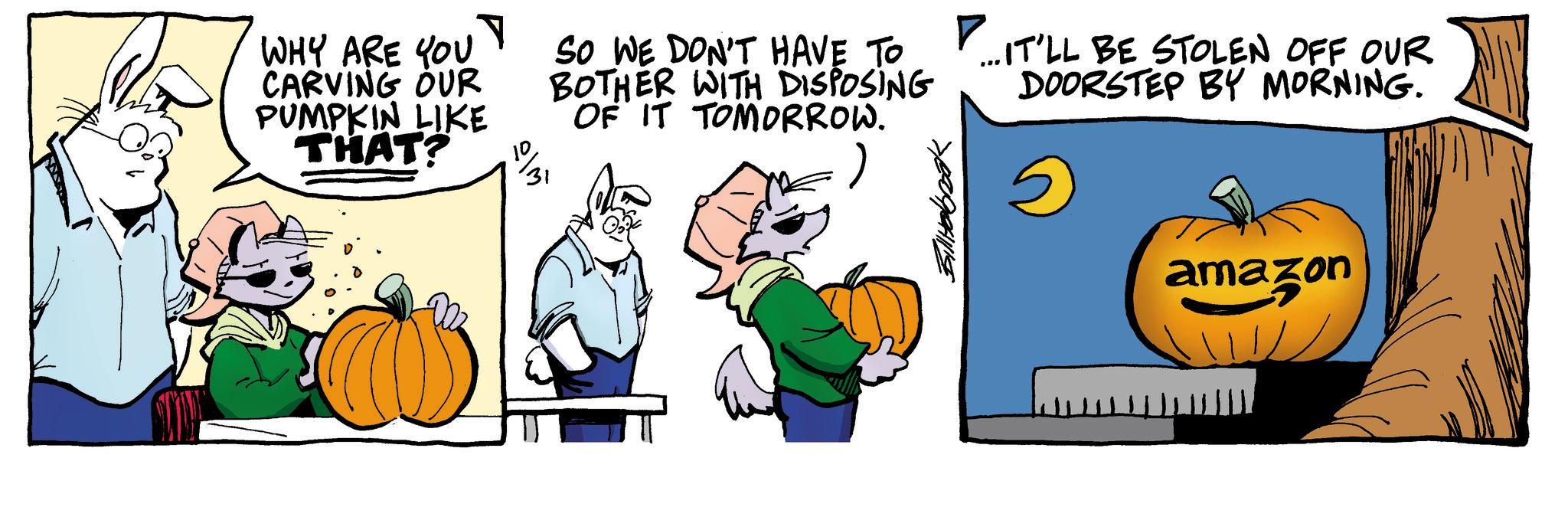 Fictional character OCR: 'WHY ARE YOU! CARVING OUR PUMPKIN LIKE THAT? 23 131 SO WE DON'T HAVE TO BOTHER WITH DISPOSING OF IT TOMORROW. ...IT'LL BE STOLEN OFF OUR DOORSTEP BY MORNING. ? amazon ' WHY ARE YOU ! CARVING OUR PUMPKIN LIKE THAT ? 23 131 SO WE DON'T HAVE TO BOTHER WITH DISPOSING OF IT TOMORROW . ... IT'LL BE STOLEN OFF OUR DOORSTEP BY MORNING . ? amazon