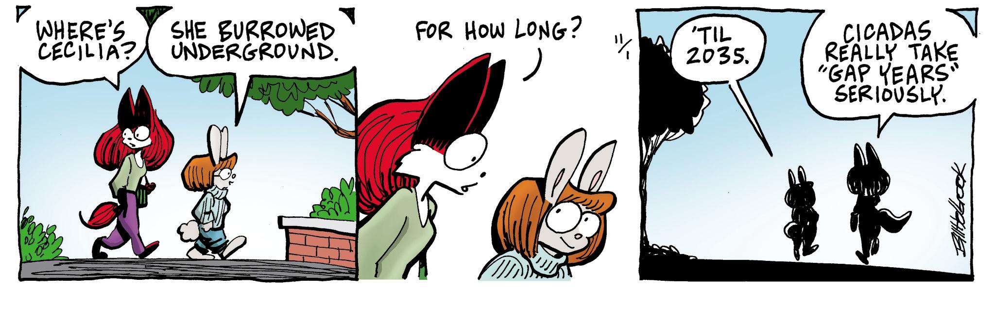 Font OCR: ? WHERE'S SHE BURROWED FOR HOW LONG? 'TIL CECILIA? UNDERGROUND. ? 2035. CICADAS REALLY TAKE "GAP YEARS" SERIOUSLY. Bltobook ? WHERE'S SHE BURROWED FOR HOW LONG ? ' TIL CECILIA ? UNDERGROUND . ? 2035 . CICADAS REALLY TAKE " GAP YEARS " SERIOUSLY . Bltobook