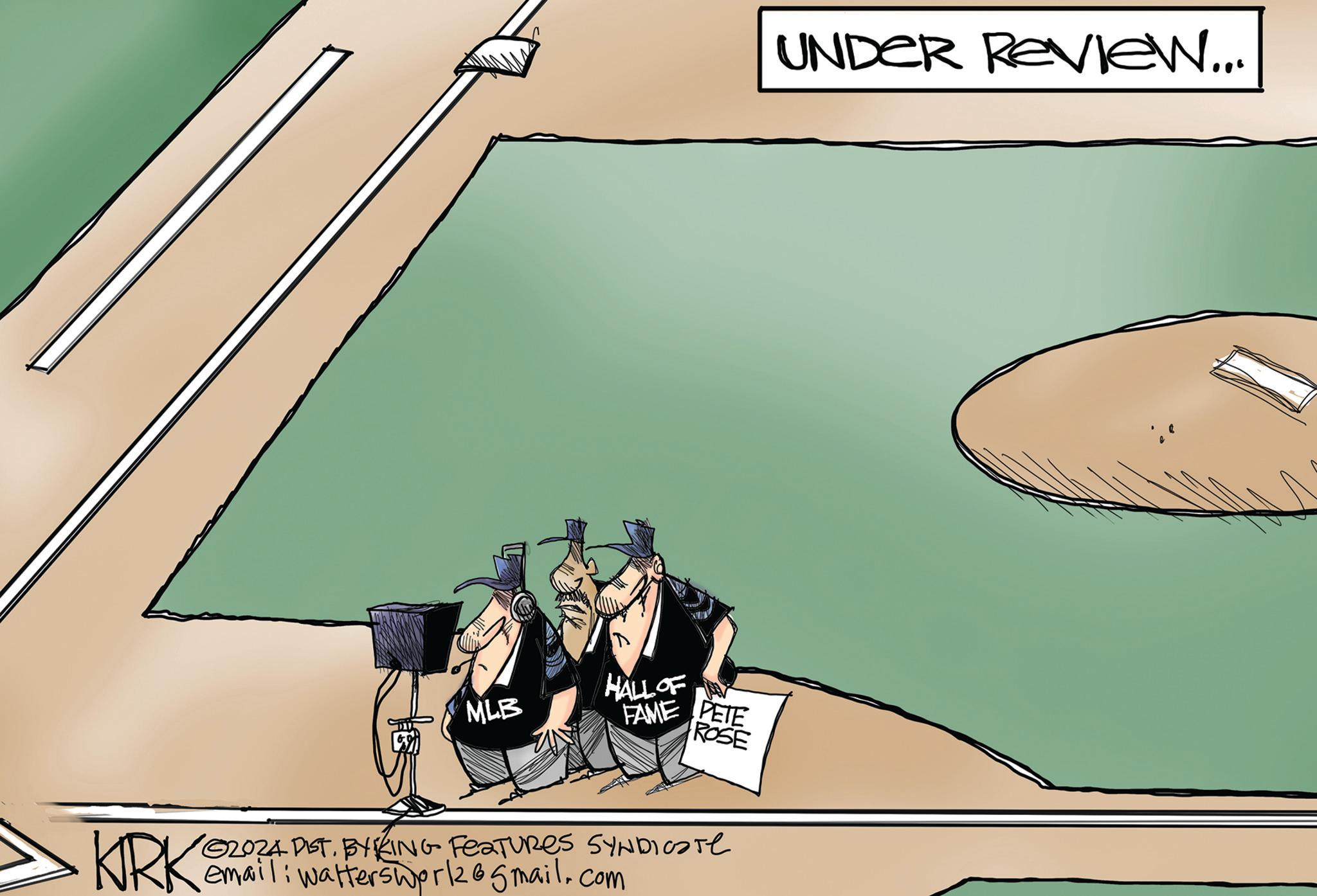 Illustration OCR: MLB HALL OF FAME PETE ROSE DIST. KIRK GROZA POTBYKING FEATURES SYNDICATE email: watterswerk265mail.com UNDER Review... MLB HALL OF FAME PETE ROSE DIST . KIRK GROZA POTBYKING FEATURES SYNDICATE email : watterswerk265mail.com UNDER Review ...