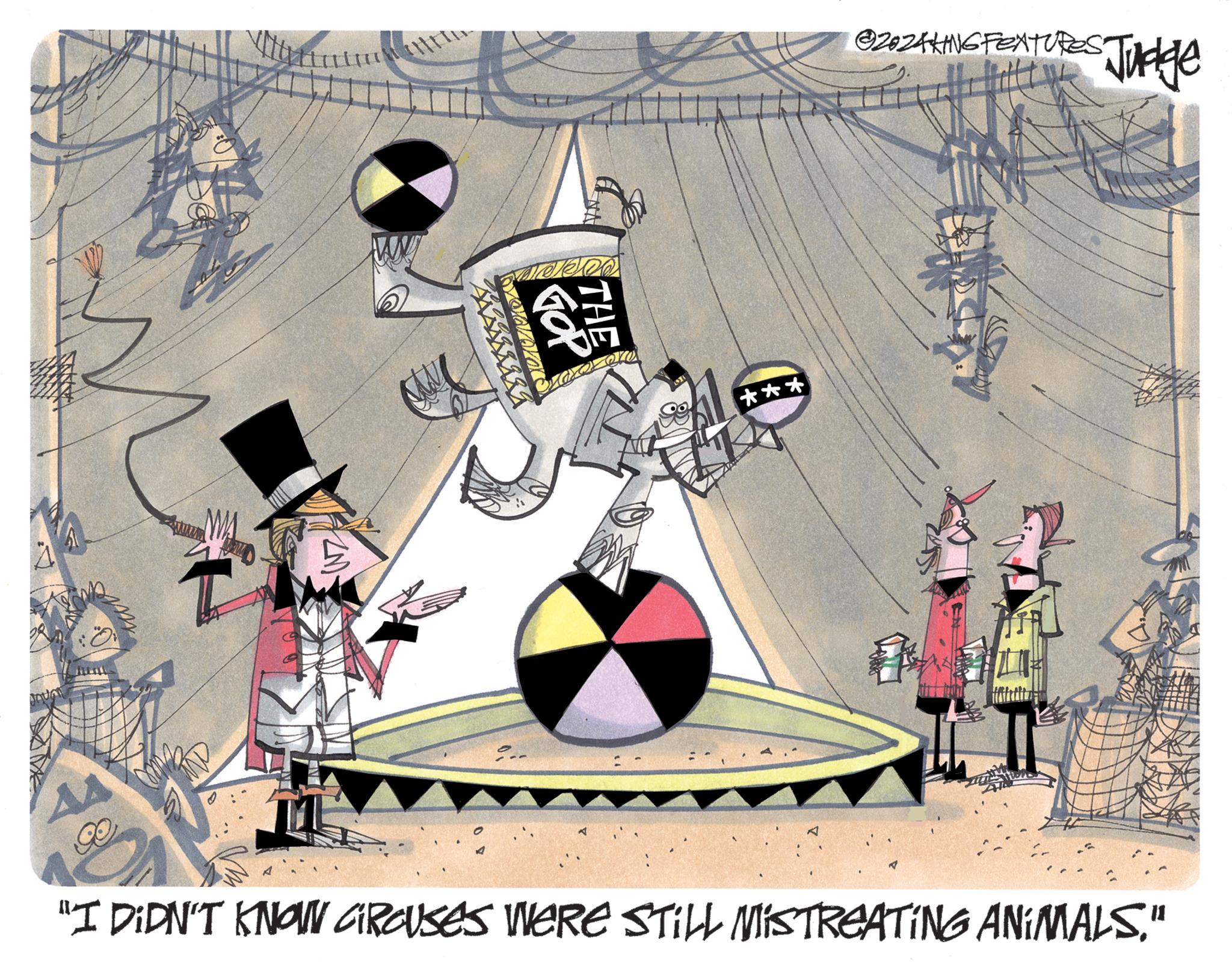 Visual arts OCR: AA ZM- GOP THE ?... @2024KING FEATURES. Judge *** A "I DIDN'T KNOW GROUSES WERE STILL MISTREATING ANIMALS." AA ZM- GOP THE ? ... @ 2024KING FEATURES . Judge *** A " I DIDN'T KNOW GROUSES WERE STILL MISTREATING ANIMALS . "