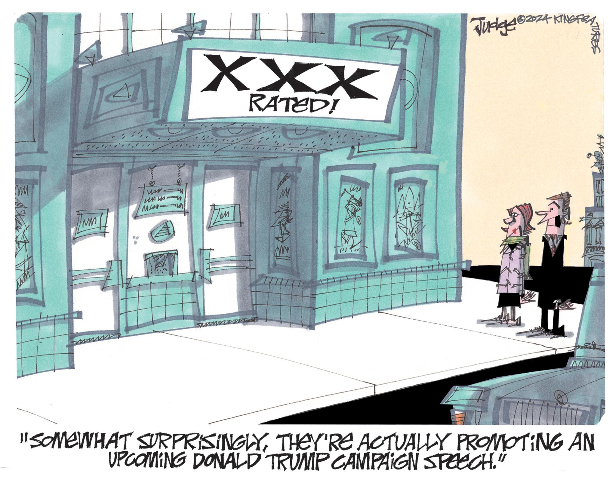 Drawing OCR: M www. ?? Miss XXX RATED! 102024 KINGFE Judge02241 RS M m www A00400 "SOMEWHAT SURPRISINGLYTHEY'RE ACTUALLY PROMOTING AN UPCOMING DONALD TRUMP CAMPAIGN SPEECH." M www . ?? Miss XXX RATED ! 102024 KINGFE Judge02241 RS M m www A00400 " SOMEWHAT SURPRISINGLYTHEY'RE ACTUALLY PROMOTING AN UPCOMING DONALD TRUMP CAMPAIGN SPEECH . "