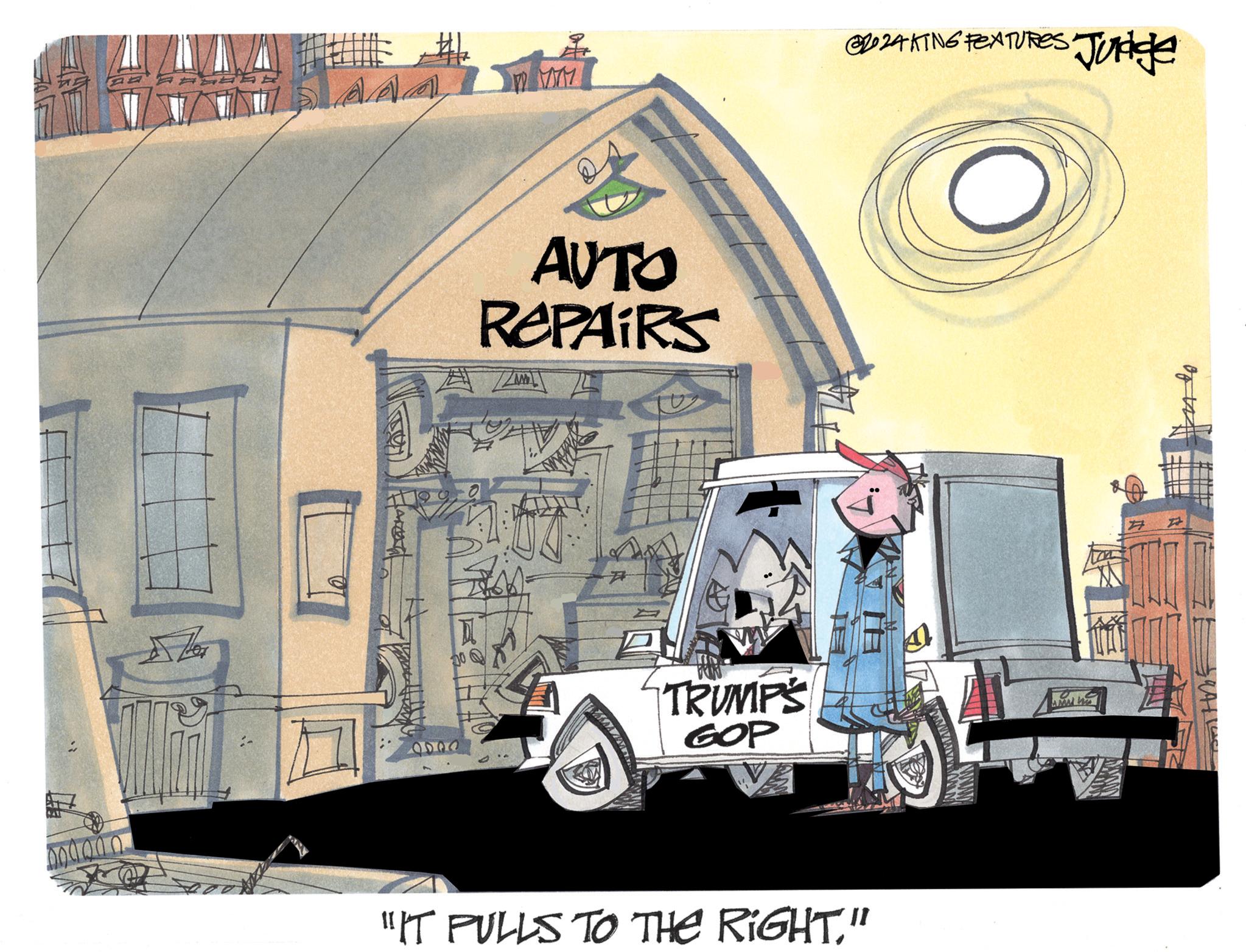 Automotive exterior OCR: AAA 0000 AUTO REPAIRS # TRUMPS GOP "IT PULLS TO THE RIGHT." @D2AKING FENTURES Judge # AAA 0000 AUTO REPAIRS # TRUMPS GOP " IT PULLS TO THE RIGHT . " @ D2AKING FENTURES Judge #
