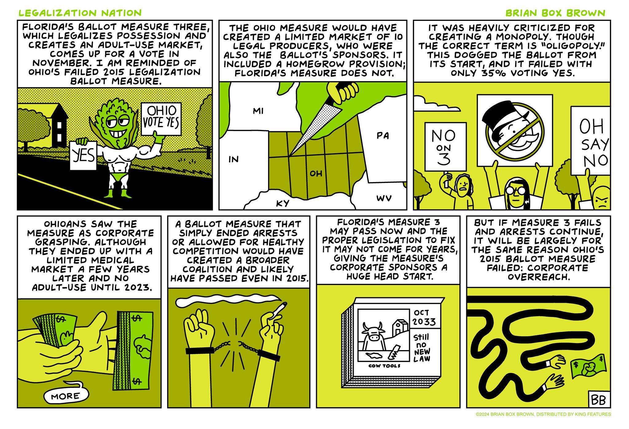 Illustration OCR: LEGALIZATION NATION FLORIDA'S BALLOT MEASURE THREEWHICH LEGALIZES POSSESSION AND CREATES AN ADULT-USE MARKETCOMES UP FOR A VOTE IN NOVEMBER. I AM REMINDED OF OHIO'S FAILED 2015 LEGALIZATION BALLOT MEASURE. THE OHIO MEASURE WOULD HAVE CREATED A LIMITED MARKET OF 10 LEGAL PRODUCERSWHO WERE ALSO THE BALLOT'S SPONSORS. IT INCLUDED A HOMEGROW PROVISION;| FLORIDA'S MEASURE DOES NOT. BRIAN BOX BROWN IT WAS HEAVILY CRITICIZED FOR CREATING A MONOPOLY. THOUGH THE CORRECT TERM IS "OLIGOPOLY!" THIS DOGGED THE BALLOT FROM ITS STARTAND IT FAILED WITH ONLY 35% VOTING YES. YES OHIO VOTE YES MI IN KY OH PA NO ?? WV OH SAY NOI OHIOANS SAW THE MEASURE AS CORPORATE GRASPING. ALTHOUGH THEY ENDED UP WITH A LIMITED MEDICAL MARKET A FEW YEARS LATER AND NO ADULT-USE UNTIL 2023. A BALLOT MEASURE THAT SIMPLY ENDED ARRESTS OR ALLOWED FOR HEALTHY COMPETITION WOULD HAVE CREATED A BROADER COALITION AND LIKELY HAVE PASSED EVEN IN 2015. FLORIDA'S MEASURE 3 MAY PASS NOW AND THE PROPER LEGISLATION TO FIX IT MAY NOT COME FOR YEARSGIVING THE MEASURE'S CORPORATE SPONSORS A HUGE HEAD START. BUT IF MEASURE 3 FAILS AND ARRESTS CONTINUEIT WILL BE LARGELY FOR THE SAME REASON OHIO'S 2015 BALLOT MEASURE FAILED: CORPORATE OVERREACH. MORE A A COW TOOLS OCT 2033 Still no NEW LAW BB ©2024 BRIAN BOX BROWNDISTRIBUTED BY KING FEATURES LEGALIZATION NATION FLORIDA'S BALLOT MEASURE THREEWHICH LEGALIZES POSSESSION AND CREATES AN ADULT - USE MARKETCOMES UP FOR A VOTE IN NOVEMBER . I AM REMINDED OF OHIO'S FAILED 2015 LEGALIZATION BALLOT MEASURE . THE OHIO MEASURE WOULD HAVE CREATED A LIMITED MARKET OF 10 LEGAL PRODUCERSWHO WERE ALSO THE BALLOT'S SPONSORS . IT INCLUDED A HOMEGROW PROVISION ; | FLORIDA'S MEASURE DOES NOT . BRIAN BOX BROWN IT WAS HEAVILY CRITICIZED FOR CREATING A MONOPOLY . THOUGH THE CORRECT TERM IS " OLIGOPOLY ! " THIS DOGGED THE BALLOT FROM ITS STARTAND IT FAILED WITH ONLY 35 % VOTING YES . YES OHIO VOTE YES MI IN KY OH PA NO ? ? WV OH SAY NOI OHIOANS SAW THE MEASURE AS CORPORATE GRASPING . ALTHOUGH THEY ENDED UP WITH A LIMITED MEDICAL MARKET A FEW YEARS LATER AND NO ADULT - USE UNTIL 2023 . A BALLOT MEASURE THAT SIMPLY ENDED ARRESTS OR ALLOWED FOR HEALTHY COMPETITION WOULD HAVE CREATED A BROADER COALITION AND LIKELY HAVE PASSED EVEN IN 2015 . FLORIDA'S MEASURE 3 MAY PASS NOW AND THE PROPER LEGISLATION TO FIX IT MAY NOT COME FOR YEARSGIVING THE MEASURE'S CORPORATE SPONSORS A HUGE HEAD START . BUT IF MEASURE 3 FAILS AND ARRESTS CONTINUEIT WILL BE LARGELY FOR THE SAME REASON OHIO'S 2015 BALLOT MEASURE FAILED : CORPORATE OVERREACH . MORE A A COW TOOLS OCT 2033 Still no NEW LAW BB © 2024 BRIAN BOX BROWNDISTRIBUTED BY KING FEATURES