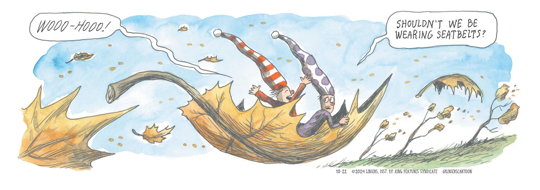 Fish OCR: WOOD-HOOD! SHOULDN'T WE BE WEARING SEATBELTS? 10-22 2024 LINIERSDIST. BY KING FEATURES SYNDICATE @LINIERSCARTOON WOOD - HOOD ! SHOULDN'T WE BE WEARING SEATBELTS ? 10-22 2024 LINIERSDIST . BY KING FEATURES SYNDICATE @LINIERSCARTOON
