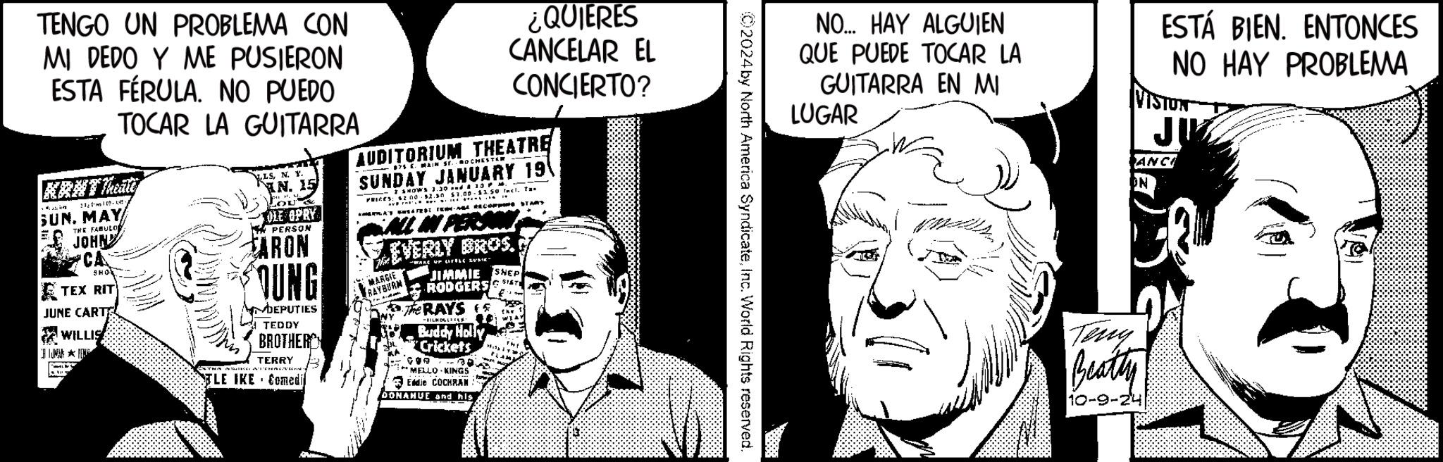 Illustration OCR: TENGO UN PROBLEMA CON MI DEDO Y ME PUSIERON ESTA FÉRULA NO PUEDO TOCAR LA GUITARRA KRNT Thediy SUN. MAY THE FABULO JOHN CA SHO TEX RIT JUNE CARTE WILLIS S LLSN. Y IN. 15 LOU & OLE OPRY PERSON ARON OUNG MDEPUTIES TEDDY BROTHER TERRY B TLE IKE Comedi ¿QUIERES CANCELAR EL CONCIERTO? AUDITORIUM THEATRE 875. IN ST. ROCHESTER SUNDAY JANUARY 19 -- PRICES: SHOWS 3.30 13. 2 00 52.50 $1.00-$3.50 Incl. Ta a Bank im 19 STAR ALL IN PERSO EVERLY BROS. MARGIE RAYBURN -WARE UP TELLUS JIMMIE RODGERS The RAYS -FILMDUL Buddy Holly Crickets MELLO KINGS Eddie COCHRAN DONAHUE and his SHEP 517 NO... HAY ALGUIEN QUE PUEDE TOCAR LA GUITARRA EN MI LUGAR ESTÁ BIEN. ENTONCES NO HAY PROBLEMA VISTON JIK ANCI ON Beatty 10-9-24 TENGO UN PROBLEMA CON MI DEDO Y ME PUSIERON ESTA FÉRULA NO PUEDO TOCAR LA GUITARRA KRNT Thediy SUN . MAY THE FABULO JOHN CA SHO TEX RIT JUNE CARTE WILLIS S LLSN. Y IN . 15 LOU & OLE OPRY PERSON ARON OUNG MDEPUTIES TEDDY BROTHER TERRY B TLE IKE Comedi ¿ QUIERES CANCELAR EL CONCIERTO ? AUDITORIUM THEATRE 875. IN ST . ROCHESTER SUNDAY JANUARY 19 -- PRICES : SHOWS 3.30 13 . 2 00 52.50 $ 1.00- $ 3.50 Incl . Ta a Bank im 19 STAR ALL IN PERSO EVERLY BROS . MARGIE RAYBURN -WARE UP TELLUS JIMMIE RODGERS The RAYS -FILMDUL Buddy Holly Crickets MELLO KINGS Eddie COCHRAN DONAHUE and his SHEP 517 NO ... HAY ALGUIEN QUE PUEDE TOCAR LA GUITARRA EN MI LUGAR ESTÁ BIEN . ENTONCES NO HAY PROBLEMA VISTON JIK ANCI ON Beatty 10-9-24