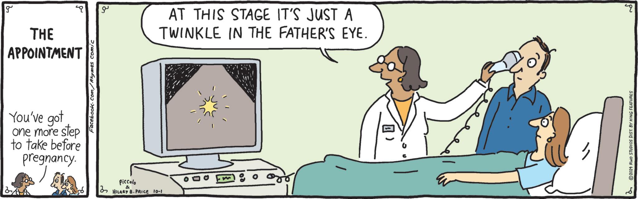 Fictional character OCR: g THE APPOINTMENT You've got one more step to take before pregnancy. Facebook.com/Rhymes comic Piccolo HILARY B-PRICE 10-1 ?? AT THIS STAGE IT'S JUST A TWINKLE IN THE FATHER'S EYE. 2 © 2024 RWO STUDIOS DIST. BY KING FEATURES g THE APPOINTMENT You've got one more step to take before pregnancy . Facebook.com/Rhymes comic Piccolo HILARY B - PRICE 10-1 ?? AT THIS STAGE IT'S JUST A TWINKLE IN THE FATHER'S EYE . 2 © 2024 RWO STUDIOS DIST . BY KING FEATURES