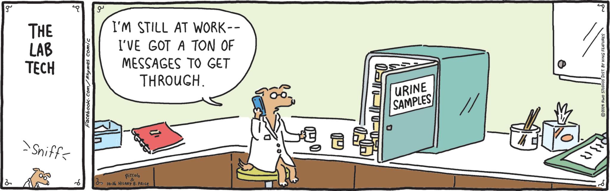 Art OCR: g THE LAB TECH Facebook.com/Rhymes comic ?? I'M STILL AT WORK-- I'VE GOT A TON OF MESSAGES TO GET THROUGH. Sniff< 6 Piccolo 10-16 HILARY B. PRICE URINE SAMPLES 33 13 2024 RWO STUDIOS DIST. BY KING FEATURES 20 ? g THE LAB TECH Facebook.com/Rhymes comic ?? I'M STILL AT WORK-- I'VE GOT A TON OF MESSAGES TO GET THROUGH . Sniff < 6 Piccolo 10-16 HILARY B. PRICE URINE SAMPLES 33 13 2024 RWO STUDIOS DIST . BY KING FEATURES 20 ?