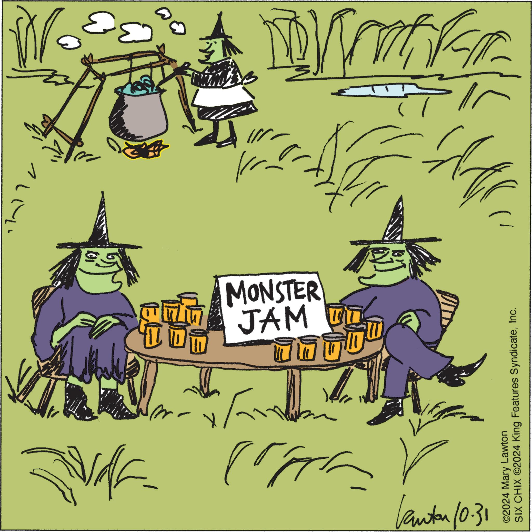 Illustration OCR: ?? JAM MONSTER Kanton 10.31 ??? ???? DMV ©2024 Mary Lawton SIX CHIX ©2024 King Features SyndicateInc. ?? JAM MONSTER Kanton 10.31 ??? ???? DMV © 2024 Mary Lawton SIX CHIX © 2024 King Features Syndicate