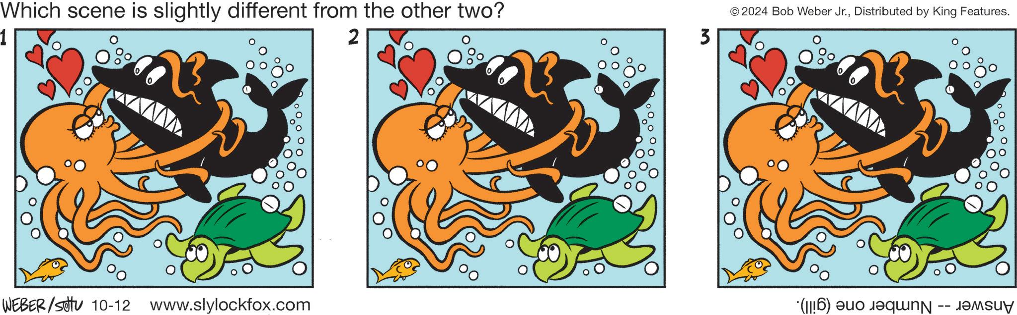 Graphics OCR: Which scene is slightly different from the other two? 1 2 3 © 2024 Bob Weber Jr.Distributed by King Features. WEBER/Sotu 10-12 www.slylockfox.com (16) Which scene is slightly different from the other two ? 1 2 3 © 2024 Bob Weber Jr.Distributed by King Features . WEBER / Sotu 10-12 www.slylockfox.com ( 16 )
