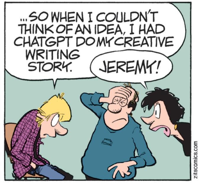 Happy OCR: ...SO WHEN I COULDN'T THINK OF AN IDEAI HAD CHATGPT DOMY CREATIVE WRITING STORY. JEREMY! zitscomics.com ... SO WHEN I COULDN'T THINK OF AN IDEAI HAD CHATGPT DOMY CREATIVE WRITING STORY . JEREMY ! zitscomics.com