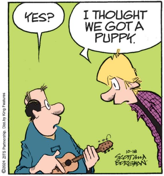 Interaction OCR: ©2024 ZITS Partnership. Dist. by King Features YES? I THOUGHT WE GOT A PUPPY. ID-18 SCOTTAND BORGMAN © 2024 ZITS Partnership . Dist . by King Features YES ? I THOUGHT WE GOT A PUPPY . ID - 18 SCOTTAND BORGMAN