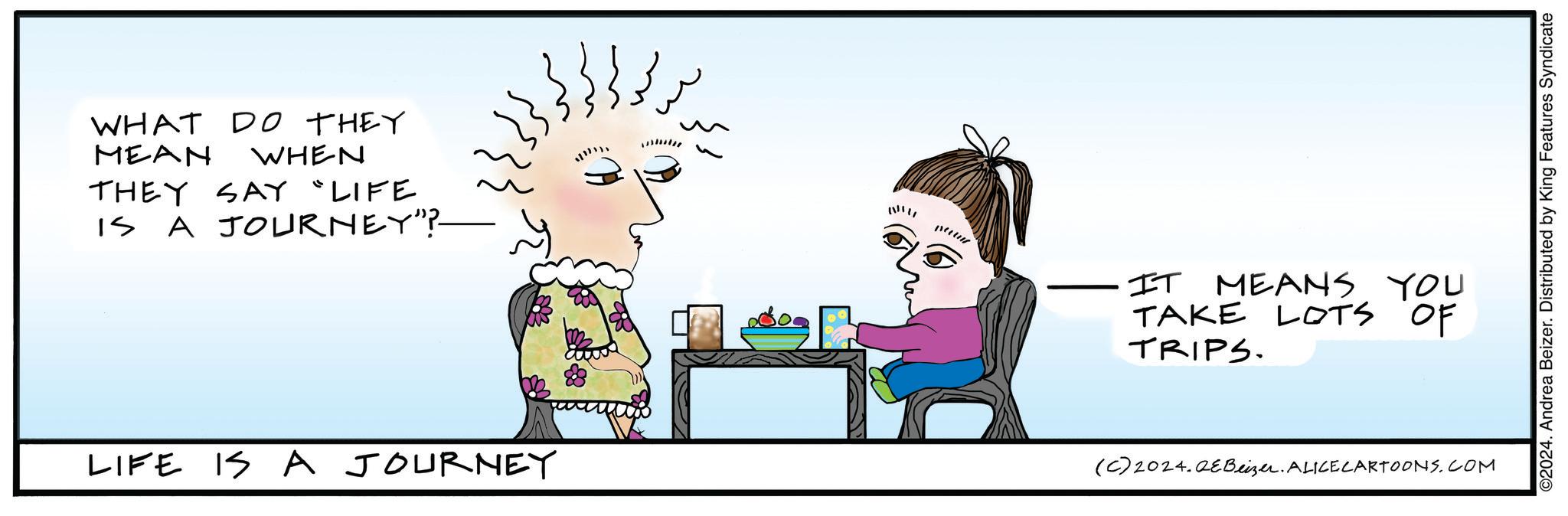 Line OCR: WHAT DO THEY MEAN WHEN THEY SAY "LIFE IS A JOURNEY”?- LIFE IS A JOURNEY ???? ?? ?? 111111 1!!! IT MEANS YOU TAKE LOTS OF TRIPS. (C) 2024.QEBeizer. ALICE CARTOONS.COM ©2024. Andrea Beizer. Distributed by King Features Syndicate WHAT DO THEY MEAN WHEN THEY SAY " LIFE IS A JOURNEY ” ? - LIFE IS A JOURNEY ???? ?? ?? 111111 1 !!! IT MEANS YOU TAKE LOTS OF TRIPS . ( C ) 2024.QEBeizer . ALICE CARTOONS.COM © 2024 . Andrea Beizer . Distributed by King Features Syndicate