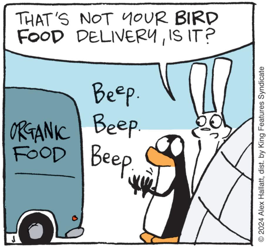 Mammal OCR: THAT'S NOT YOUR BIRD FOOD DELIVERYIS IT? Beep. ORGANIC Beep. FOOD ????. 2024 Alex Hallattdist. by King Features Syndicate THAT'S NOT YOUR BIRD FOOD DELIVERYIS IT ? Beep . ORGANIC Beep . FOOD ???? . 2024 Alex Hallattdist . by King Features Syndicate