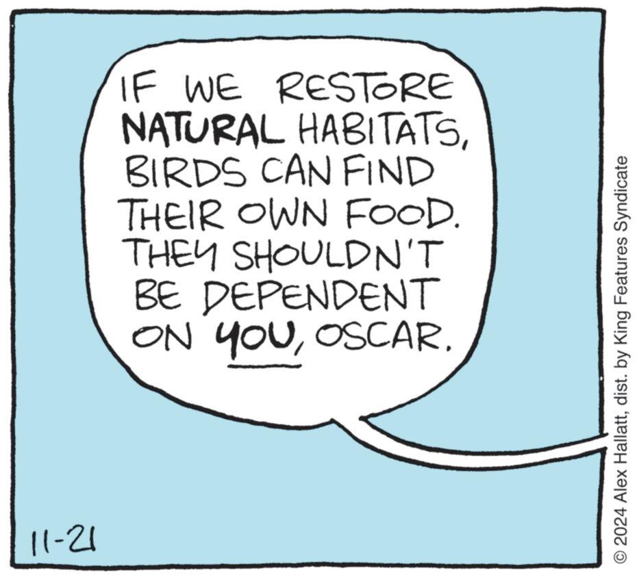 Parallel OCR: 11-21 IF WE RESTORE NATURAL HABITATSBIRDS CAN FIND THEIR OWN FOOD. THEY SHOULDN'T BE DEPENDENT ON YOUOSCAR. © 2024 Alex Hallattdist. by King Features Syndicate 11-21 IF WE RESTORE NATURAL HABITATSBIRDS CAN FIND THEIR OWN FOOD . THEY SHOULDN'T BE DEPENDENT ON YOUOSCAR . © 2024 Alex Hallattdist . by King Features Syndicate