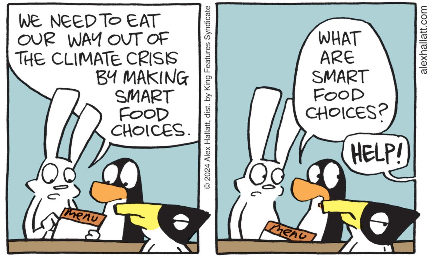 Font OCR: WE NEED TO EAT OUR WAY OUT OF THE CLIMATE CRISIS BY MAKING SMART FOOD CHOICES. menu © 2024 Alex Hallattdist. by King Features Syndicate menu WHAT ARE SMART FOOD CHOICES? HELP! alexhallatt.com WE NEED TO EAT OUR WAY OUT OF THE CLIMATE CRISIS BY MAKING SMART FOOD CHOICES . menu © 2024 Alex Hallattdist . by King Features Syndicate menu WHAT ARE SMART FOOD CHOICES ? HELP ! alexhallatt.com