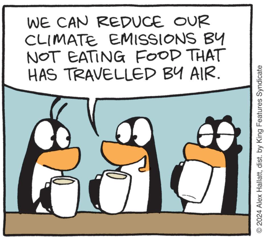Conversation OCR: WE CAN REDUCE OUR CLIMATE EMISSIONS BY NOT EATING FOOD THAT HAS TRAVELLED BY AIR. 2024 Alex Hallattdist. by King Features Syndicate WE CAN REDUCE OUR CLIMATE EMISSIONS BY NOT EATING FOOD THAT HAS TRAVELLED BY AIR . 2024 Alex Hallattdist . by King Features Syndicate