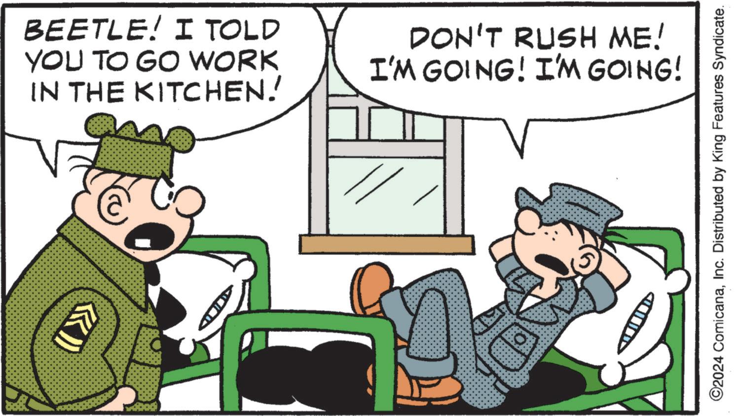 Font OCR: BEETLE! I TOLD YOU TO GO WORK IN THE KITCHEN! DON'T RUSH ME! I'M GOING! I'M GOING! ©2024 ComicanaInc. Distributed by King Features Syndicate. BEETLE ! I TOLD YOU TO GO WORK IN THE KITCHEN ! DON'T RUSH ME ! I'M GOING ! I'M GOING ! © 2024 ComicanaInc. Distributed by King Features Syndicate .