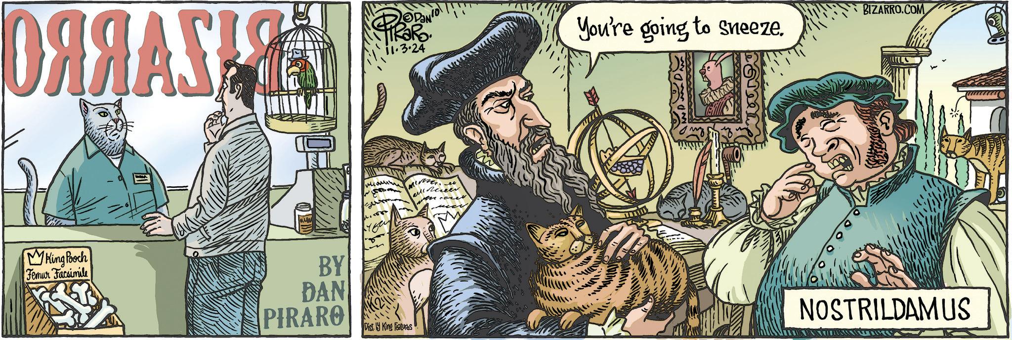 Drawing OCR: BIZARRO.COM You're going to sneeze. 11.3.24 ??????? PRORO ? King Boch Femur Facsimile BY DAN PIRARO NOSTRILDAMUS Dist. by King Features BIZARRO.COM You're going to sneeze . 11.3.24 ??????? PRORO ? King Boch Femur Facsimile BY DAN PIRARO NOSTRILDAMUS Dist . by King Features