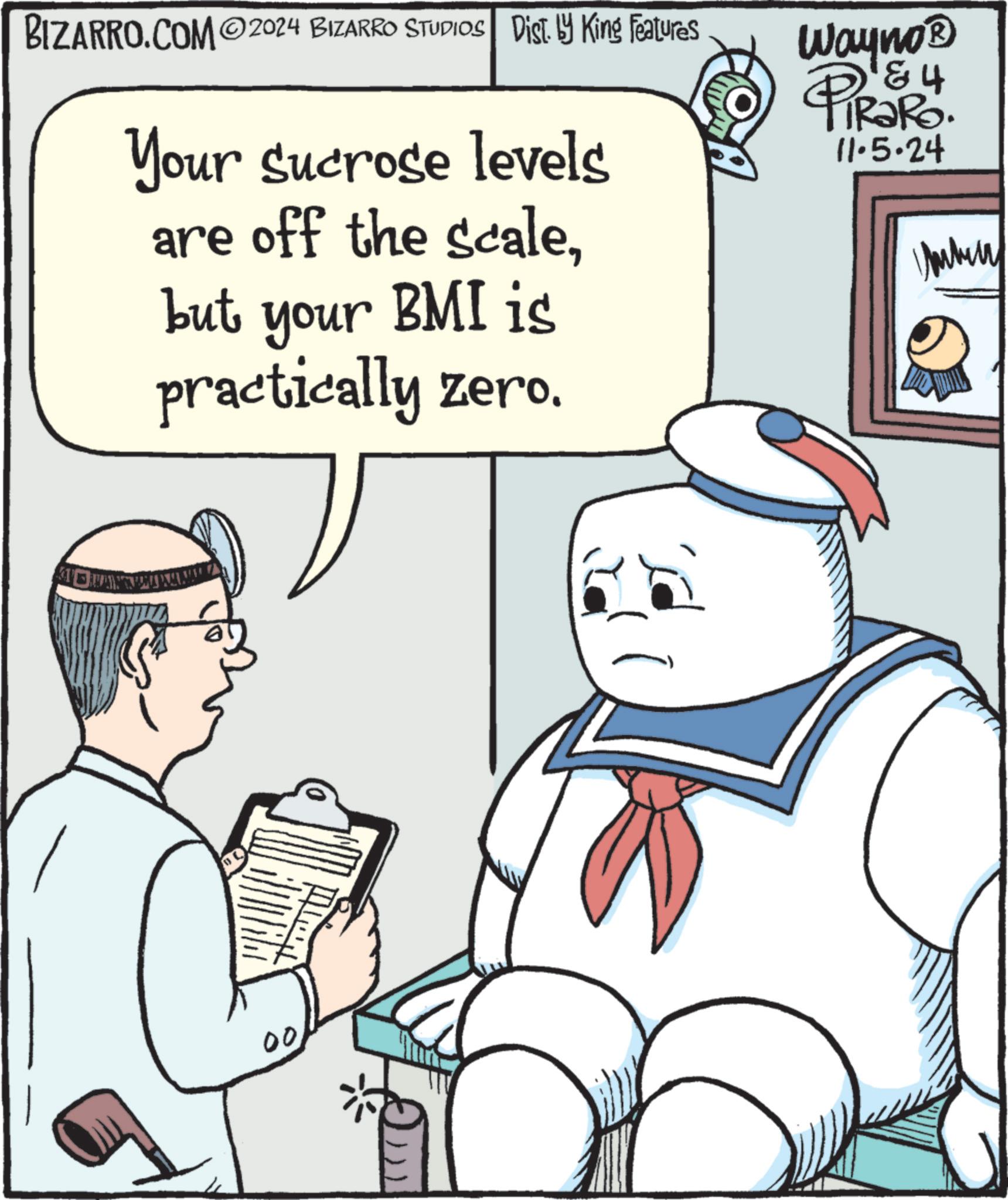 Rectangle OCR: BIZARRO.COM2024 BIZARRO STUDIOS Dist. King Features Your Sucrose levels are off the scalebut your BMI is practically zero. T 00 Wayno? 84 11.5.24 ???? BIZARRO.COM2024 BIZARRO STUDIOS Dist . King Features Your Sucrose levels are off the scalebut your BMI is practically zero . T 00 Wayno? 84 11.5.24 ????