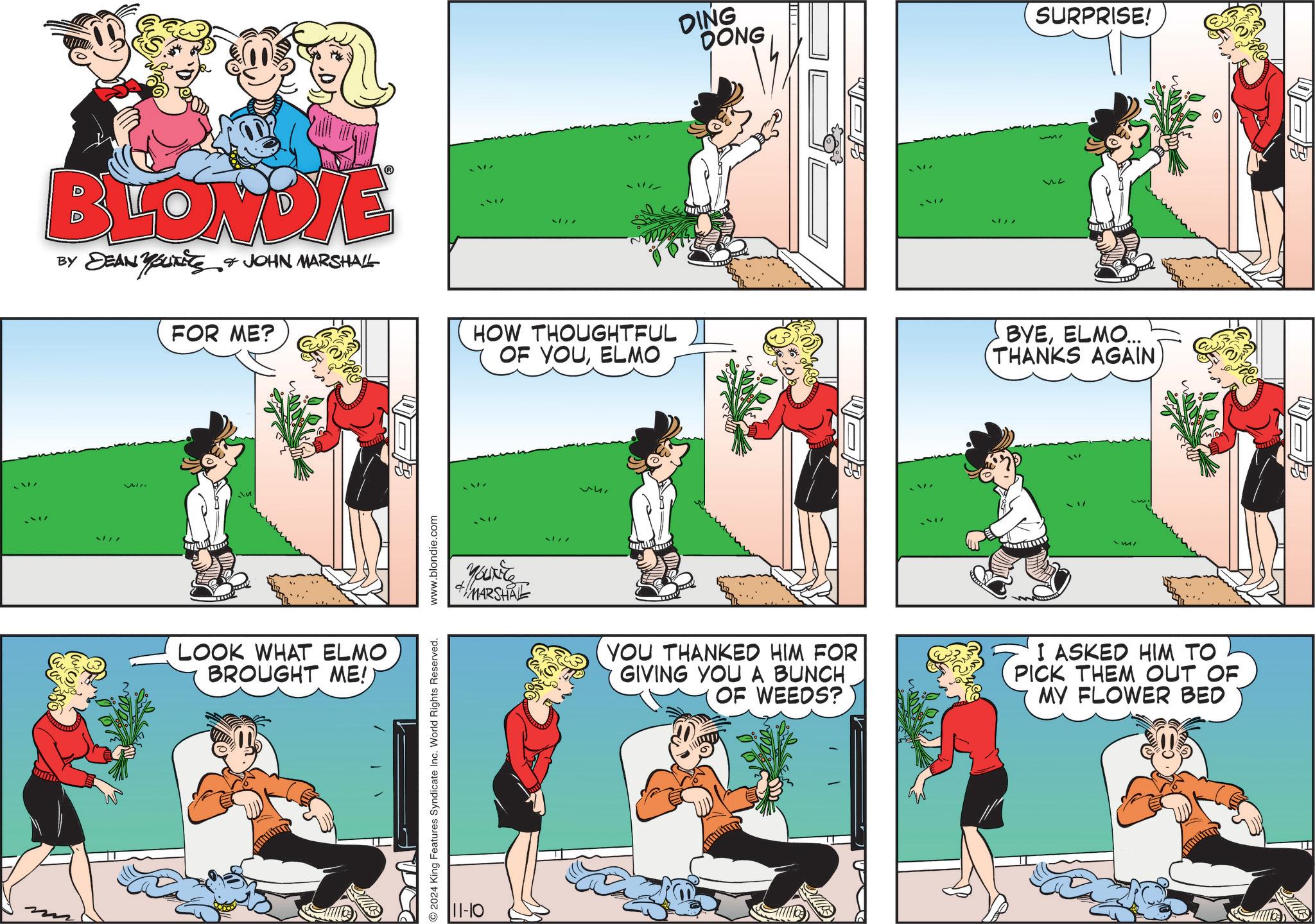 Recreation OCR: BLONDIE BY DEAN YouTits JOHN MARSHALL W FOR ME? GB LOOK WHAT ELMO BROUGHT ME! 2024 King Features Syndicate Inc. World Rights Reserved. www.blondie.com DING DONG SURPRISE! HOW THOUGHTFUL OF YOUELMO BYEELMO.. THANKS AGAIN ?? O YOUNG MARSHALLE YOU THANKED HIM FOR I GIVING YOU A BUNCH OF WEEDS? I ASKED HIM TO PICK THEM OUT OF MY FLOWER BED 11-10 PP BLONDIE BY DEAN YouTits JOHN MARSHALL W FOR ME ? GB LOOK WHAT ELMO BROUGHT ME ! 2024 King Features Syndicate Inc. World Rights Reserved . www.blondie.com DING DONG SURPRISE ! HOW THOUGHTFUL OF YOUELMO BYEELMO .. THANKS AGAIN ?? O YOUNG MARSHALLE YOU THANKED HIM FOR I GIVING YOU A BUNCH OF WEEDS ? I ASKED HIM TO PICK THEM OUT OF MY FLOWER BED 11-10 PP