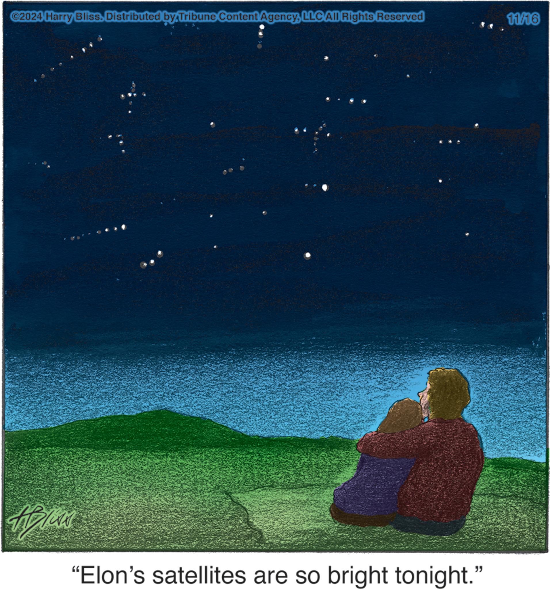 Horizon OCR: ©2024 Harry Bliss. Distributed by Tribune Content AgencyLLC All Rights Reserved ADIAN "Elon's satellites are so bright tonight." 11/16 © 2024 Harry Bliss . Distributed by Tribune Content AgencyLLC All Rights Reserved ADIAN " Elon's satellites are so bright tonight . " 11/16