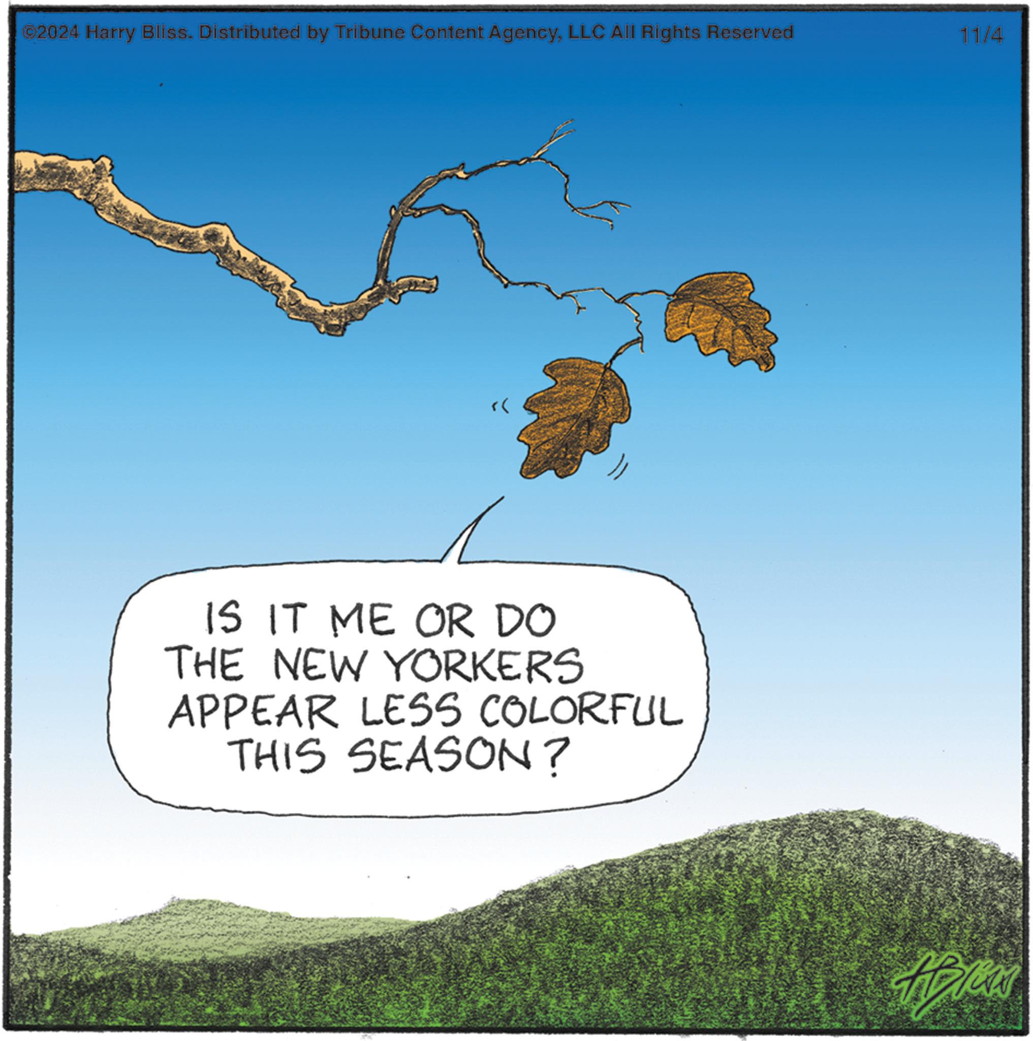 Art OCR: ©2024 Harry Bliss. Distributed by Tribune Content AgencyLLC All Rights Reserved ( IS IT ME OR DO THE NEW YORKERS APPEAR LESS COLORFUL THIS SEASON? 11/4 © 2024 Harry Bliss . Distributed by Tribune Content AgencyLLC All Rights Reserved ( IS IT ME OR DO THE NEW YORKERS APPEAR LESS COLORFUL THIS SEASON ? 11/4