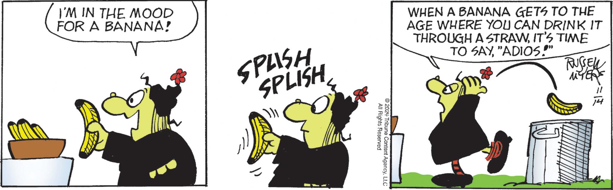 Humour OCR: I'M IN THE MOOD FOR A BANANA! SPLISH SPLISH WHEN A BANANA GETS TO THE AGE WHERE YOU CAN DRINK IT THROUGH A STRAWIT'S TIME TO SAY"ADIOS." RUSSELL "MYERS 2024 All Rights Reserved Tribune Content AgencyLLC I'M IN THE MOOD FOR A BANANA ! SPLISH SPLISH WHEN A BANANA GETS TO THE AGE WHERE YOU CAN DRINK IT THROUGH A STRAWIT'S TIME TO SAY" ADIOS . " RUSSELL " MYERS 2024 All Rights Reserved Tribune Content Agency