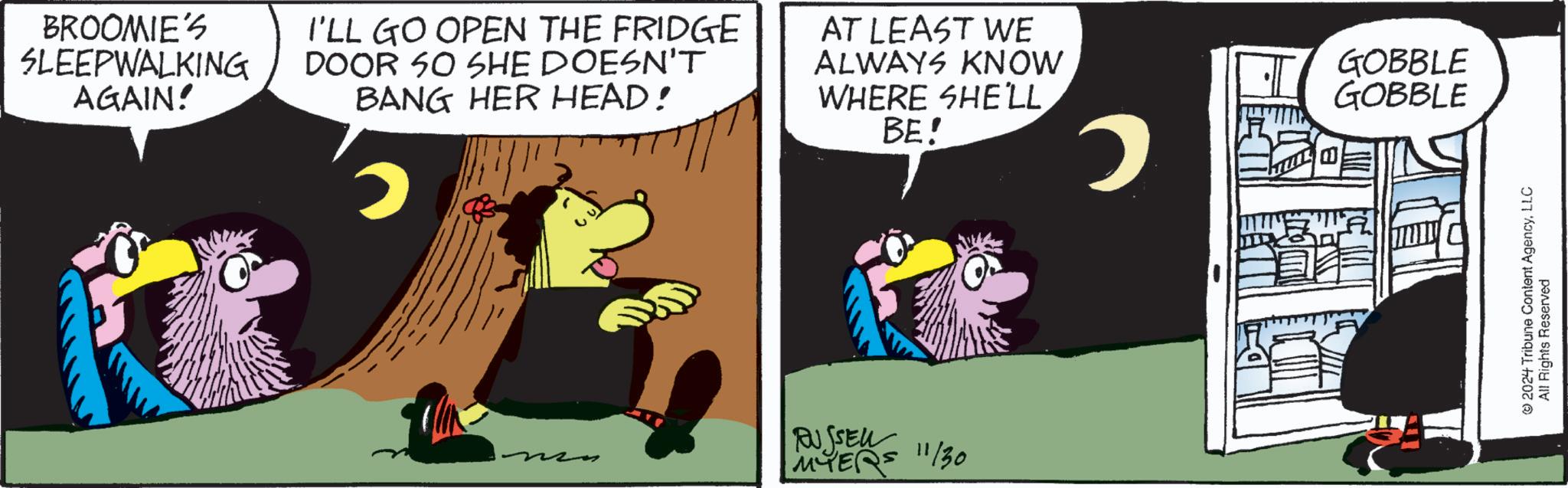 Sharing OCR: BROOMIE'S SLEEPWALKING AGAIN! I'LL GO OPEN THE FRIDGE DOOR SO SHE DOESN'T BANG HER HEAD! AT LEAST WE ALWAYS KNOW WHERE SHE'LL BE! ??? ?? stu MYERS 11/30 GOBBLE GOBBLE ? ? 2024 Tribune Content AgencyLLC All Rights Reserved BROOMIE'S SLEEPWALKING AGAIN ! I'LL GO OPEN THE FRIDGE DOOR SO SHE DOESN'T BANG HER HEAD ! AT LEAST WE ALWAYS KNOW WHERE SHE'LL BE ! ??? ?? stu MYERS 11/30 GOBBLE GOBBLE ? ? 2024 Tribune Content AgencyLLC All Rights Reserved