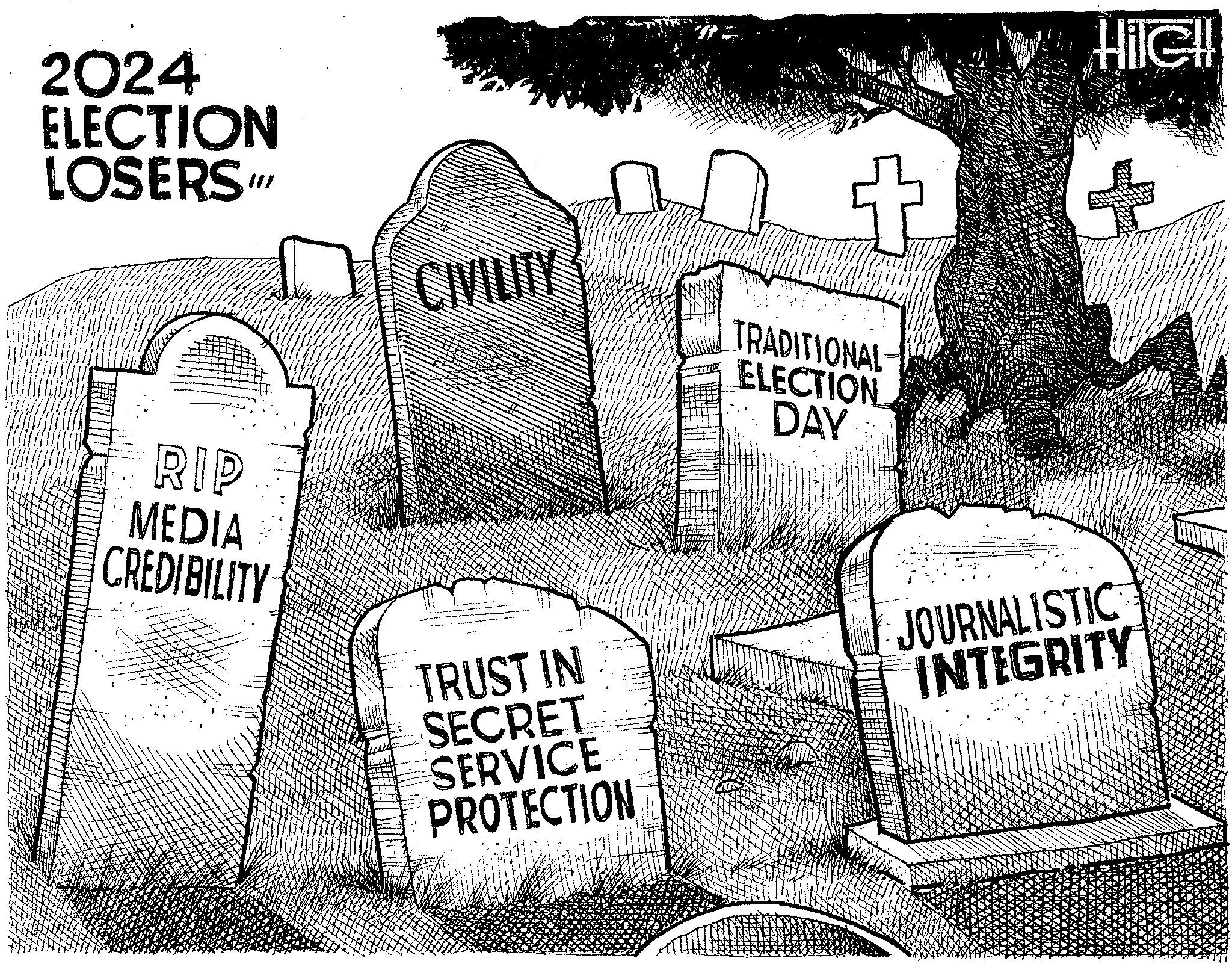 Drawing OCR: Hile!!! 2024 ELECTION LOSERS" + CIVILITY TRADITIONAL ELECTION DAY RIP MEDIA CREDIBILITY TRUST IN JOURNALISTIC INTEGRITY SECRET SERVICE PROTECTION Hile !!! 2024 ELECTION LOSERS " + CIVILITY TRADITIONAL ELECTION DAY RIP MEDIA CREDIBILITY TRUST IN JOURNALISTIC INTEGRITY SECRET SERVICE PROTECTION