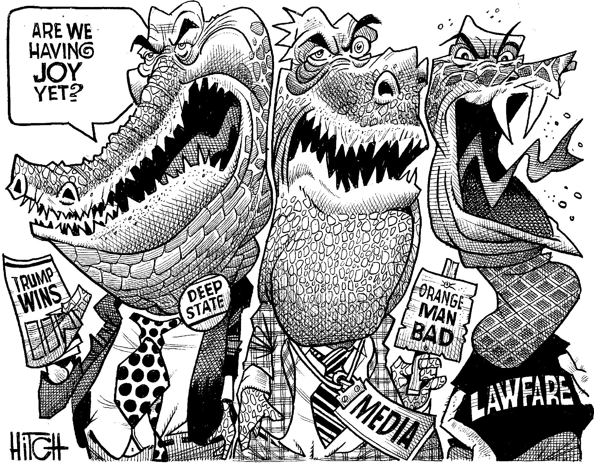 Adaptation OCR: ARE WE HAVING JOY YET? TRUMP WINS HITCH THEY DEEP STATE ORANGE MAN BAD LAWFARE MEDIA ARE WE HAVING JOY YET ? TRUMP WINS HITCH THEY DEEP STATE ORANGE MAN BAD LAWFARE MEDIA