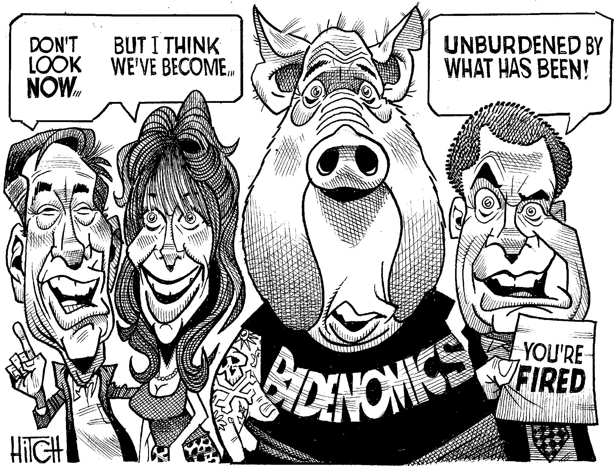 Style OCR: DON'T LOOK BUT I THINK WE'VE BECOME.... NOWIN HOLLH UNBURDENED BY WHAT HAS BEEN! SIDENOMICS YOU'RE FIRED DON'T LOOK BUT I THINK WE'VE BECOME .... NOWIN HOLLH UNBURDENED BY WHAT HAS BEEN ! SIDENOMICS YOU'RE FIRED