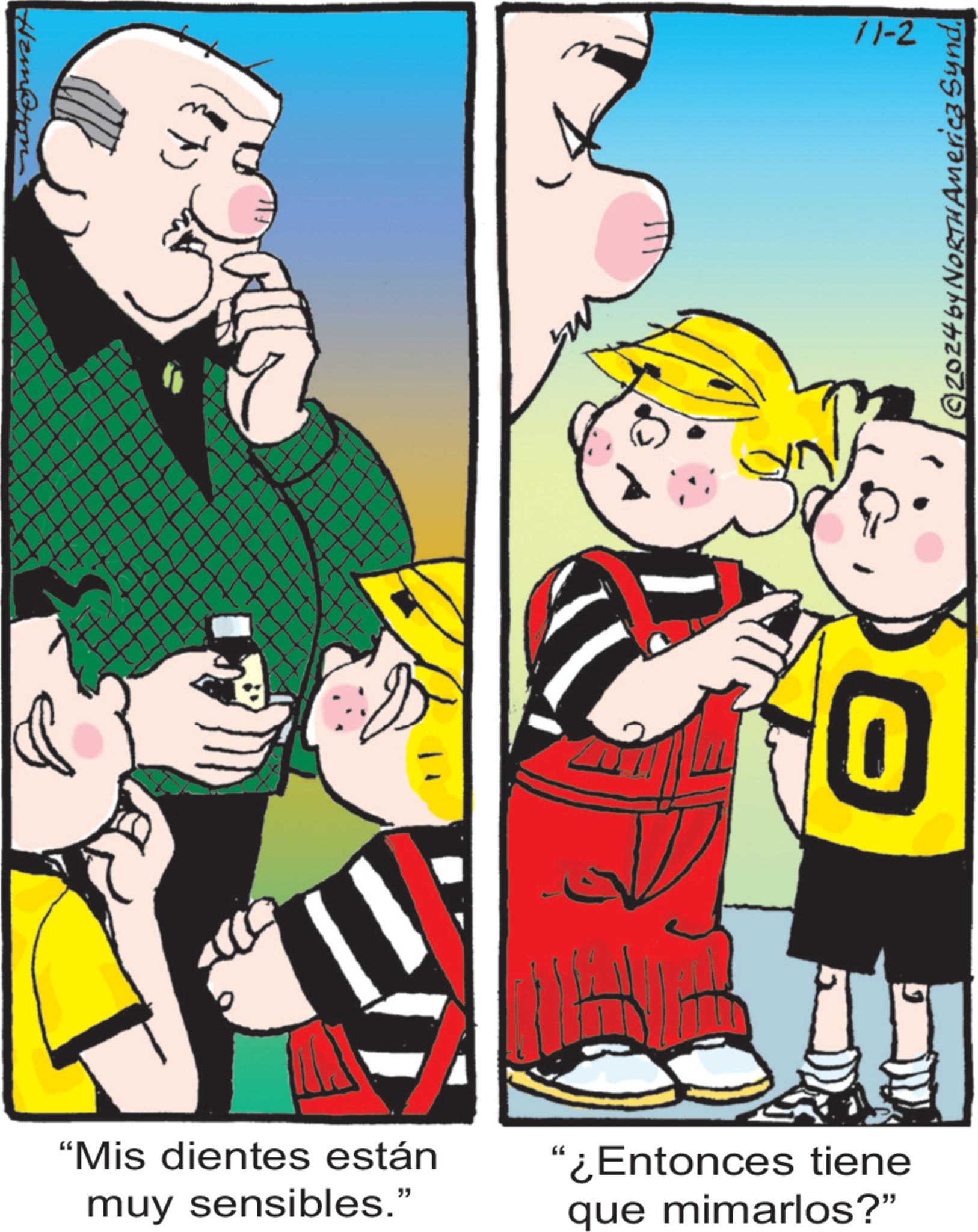 Event OCR: Hampton 11-2 0 "Mis dientes están muy sensibles." "¿Entonces tiene que mimarlos?" ©2024 by NORTH America Synd Hampton 11-2 0 " Mis dientes están muy sensibles . " " ¿ Entonces tiene que mimarlos ? " © 2024 by NORTH America Synd