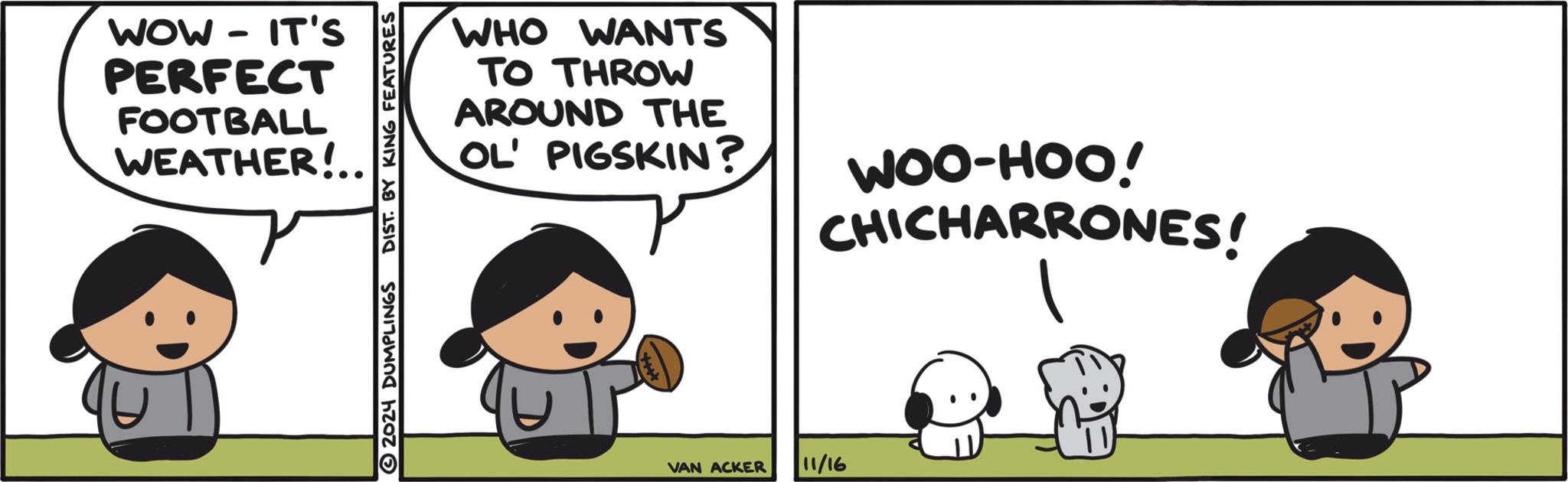 Mammal OCR: WOW IT'S - PERFECT FOOTBALL WEATHER!.. 2024 DUMPLINGS DIST. BY KING FEATURES WHO WANTS TO THROW AROUND THE OL' PIGSKIN? WOO-HOO! CHICHARRONES! VAN ACKER 11/16 WOW IT'S - PERFECT FOOTBALL WEATHER ! .. 2024 DUMPLINGS DIST . BY KING FEATURES WHO WANTS TO THROW AROUND THE OL ' PIGSKIN ? WOO - HOO ! CHICHARRONES ! VAN ACKER 11/16