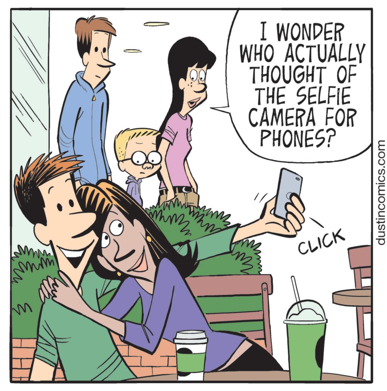 Rectangle OCR: 3 ? I WONDER WHO ACTUALLY THOUGHT OF THE SELFIE CAMERA FOR PHONES? ? 0 CLICK dustincomics.com 3 ? I WONDER WHO ACTUALLY THOUGHT OF THE SELFIE CAMERA FOR PHONES ? ? 0 CLICK dustincomics.com