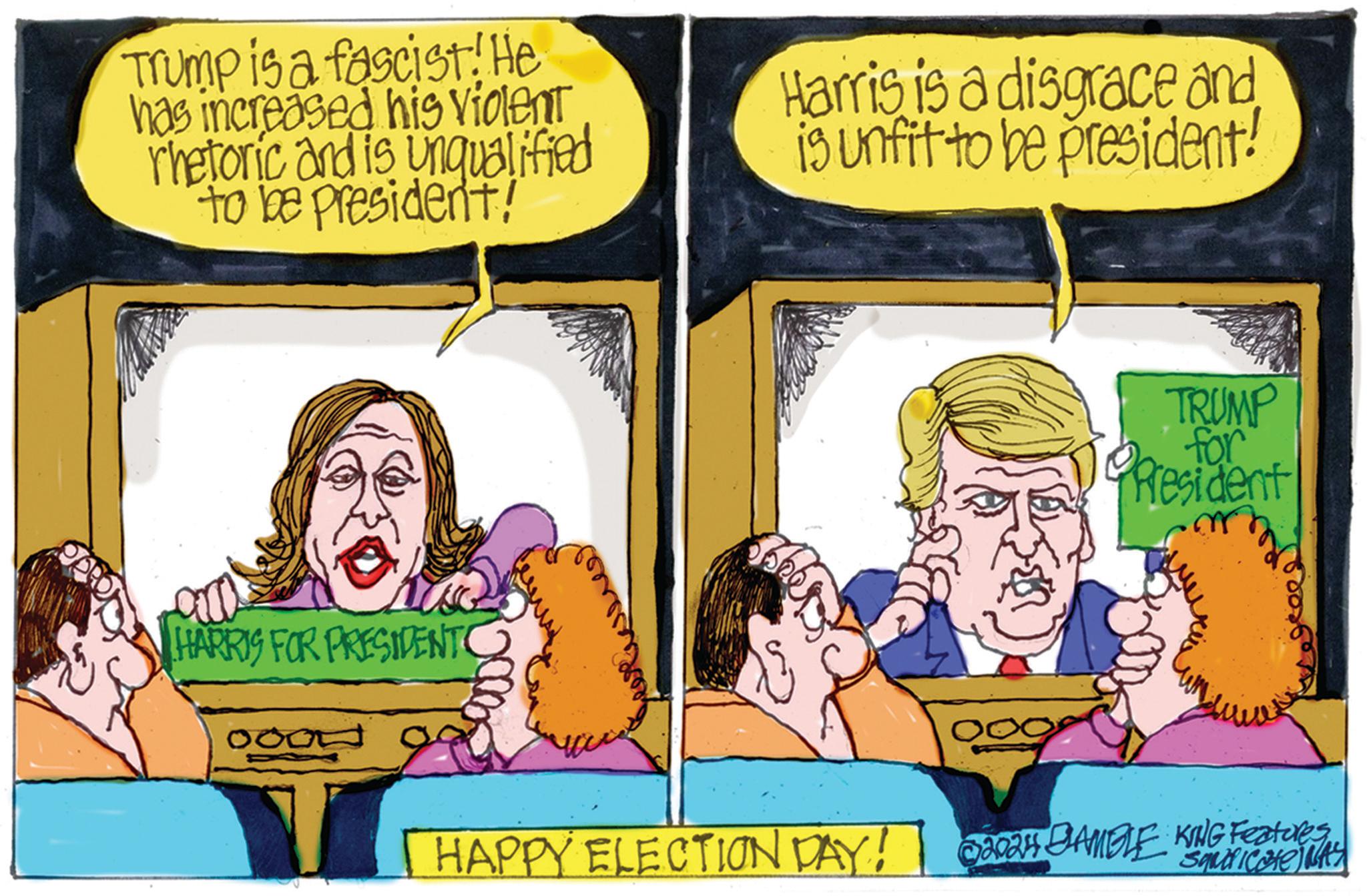 Font OCR: Trump is a fascist! He has increased his violent rhetoric and is unqualified to be president! Harris is a disgrace and is unfit to be president! HARRIS FOR PRESIDENTO 777000 TRUMP President for HAPPY ELECTION DAY! 2024 BAMBLE KING Features ©202H Squdicate AS Trump is a fascist ! He has increased his violent rhetoric and is unqualified to be president ! Harris is a disgrace and is unfit to be president ! HARRIS FOR PRESIDENTO 777000 TRUMP President for HAPPY ELECTION DAY ! 2024 BAMBLE KING Features © 202H Squdicate AS