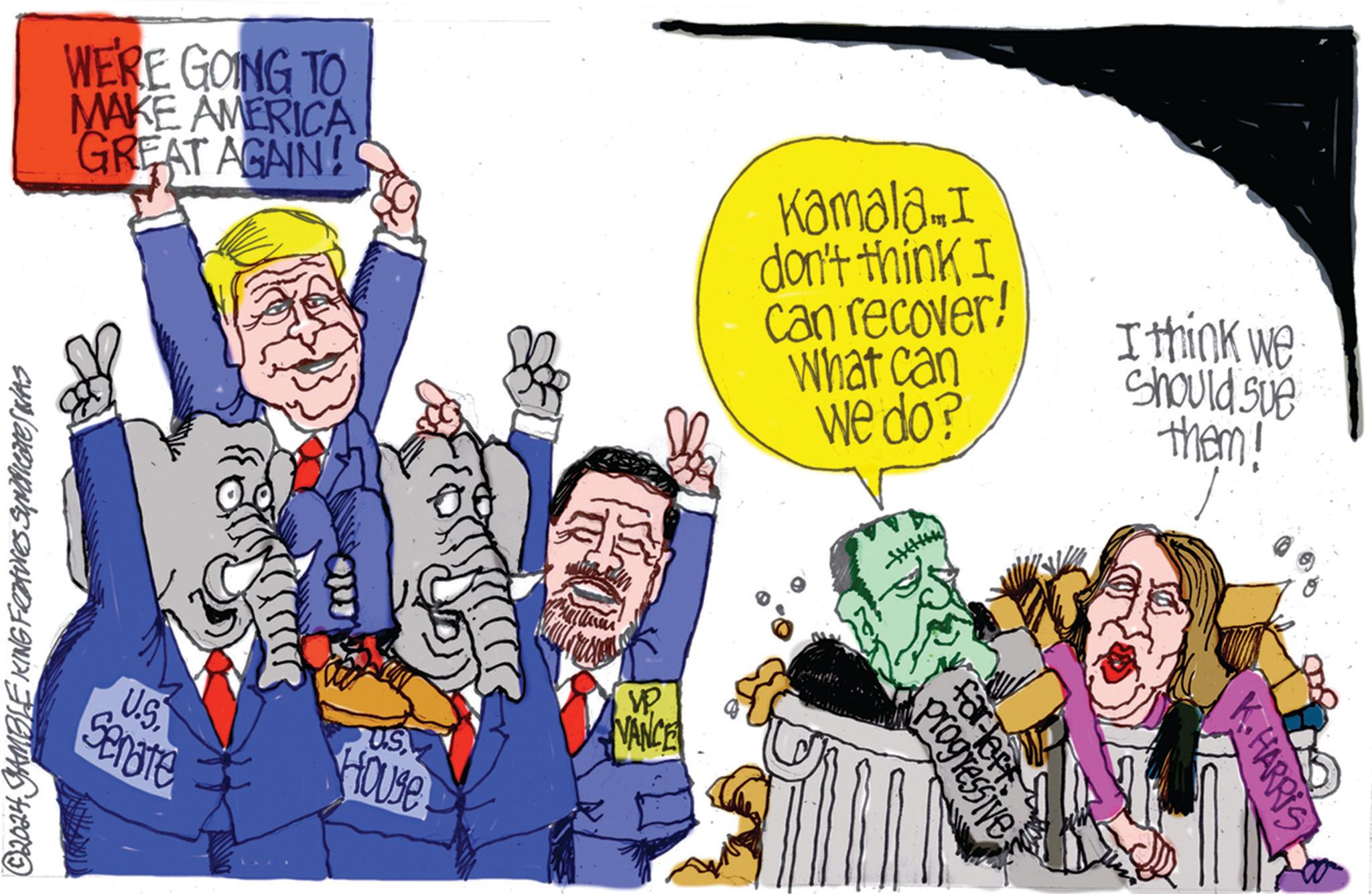 Drawing OCR: WE'RE GOING TO MAKE AMERICA GREAT AGAIN! © 2024 GAMBLE KING Features Syndicate) WAS Kamala I don't think I can recover! What can we do? I think we Should sue them! U.S. US HOUSE WP VANCE Senate H forteft. Progressive K.HARRIS WE'RE GOING TO MAKE AMERICA GREAT AGAIN ! © 2024 GAMBLE KING Features Syndicate ) WAS Kamala I don't think I can recover ! What can we do ? I think we Should sue them ! U.S. US HOUSE WP VANCE Senate H forteft . Progressive K.HARRIS