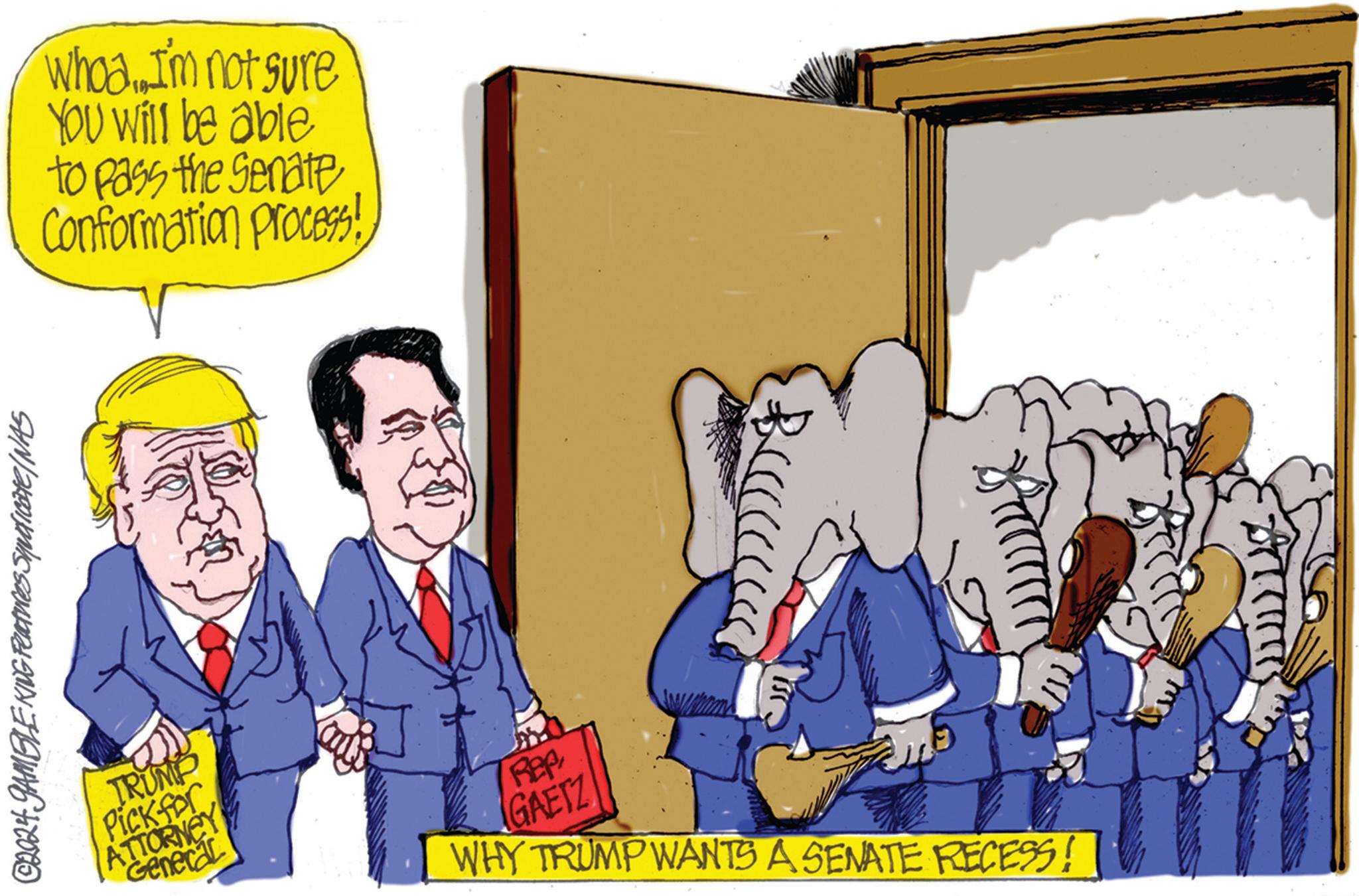 Event OCR: ©2024 GAMBLE KING Features Squdicate/NAS Whoa. I'm not sure YOU will be able to pass the Senate Conformation process! TRUMP Pickfor ATTORNEY General Rep GAETZ WHY TRUMP WANTS A SENATE RECESS! © 2024 GAMBLE KING Features Squdicate / NAS Whoa . I'm not sure YOU will be able to pass the Senate Conformation process ! TRUMP Pickfor ATTORNEY General Rep GAETZ WHY TRUMP WANTS A SENATE RECESS !