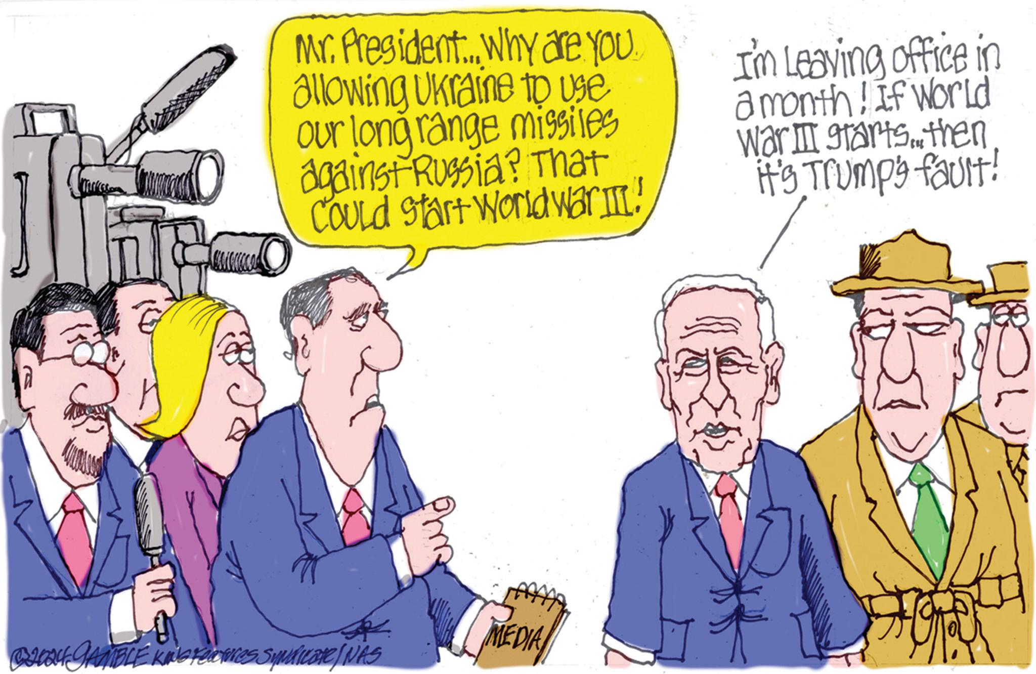 Tie OCR: mikes Mr. President... Why are you. allowing Ukraine to use our long range missiles against Russia? That Could Start World War III! I'm Leaving office in a month! If World War III starts... then it's Trump's fault! MEDIA 02024 GAMBLE KING Famas Syndicate [NAS mikes Mr. President ... Why are you . allowing Ukraine to use our long range missiles against Russia ? That Could Start World War III ! I'm Leaving office in a month ! If World War III starts ... then it's Trump's fault ! MEDIA 02024 GAMBLE KING Famas Syndicate [ NAS