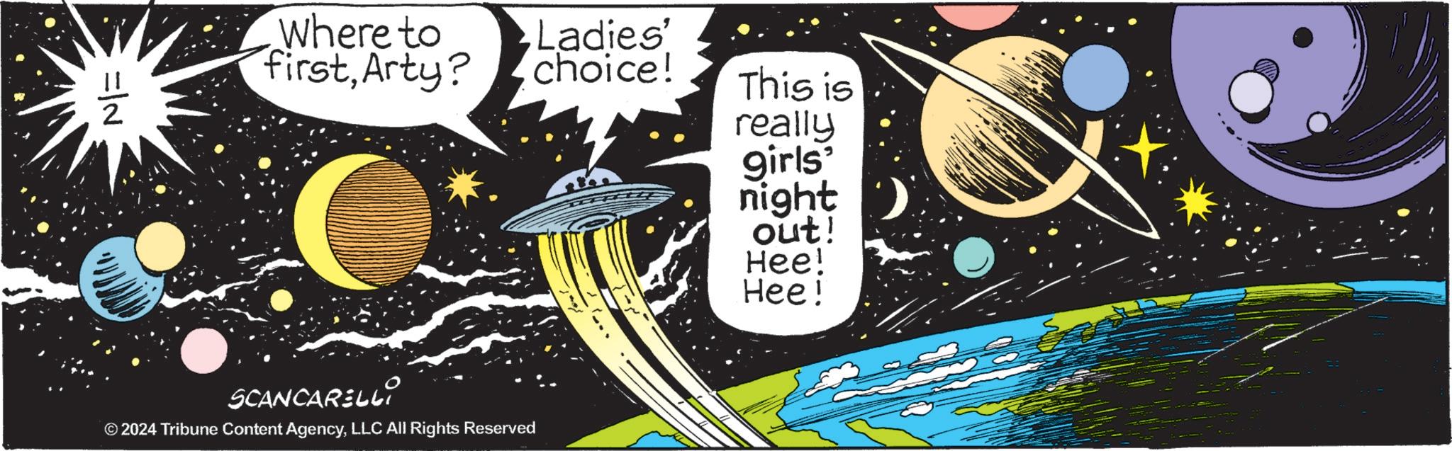 Visual arts OCR: =|N Where to firstArty? Ladies' choice! This is really girls' night out! SCANCARELLI © 2024 Tribune Content AgencyLLC All Rights Reserved Hee! Hee! = | N Where to firstArty ? Ladies ' choice ! This is really girls ' night out ! SCANCARELLI © 2024 Tribune Content AgencyLLC All Rights Reserved Hee ! Hee !