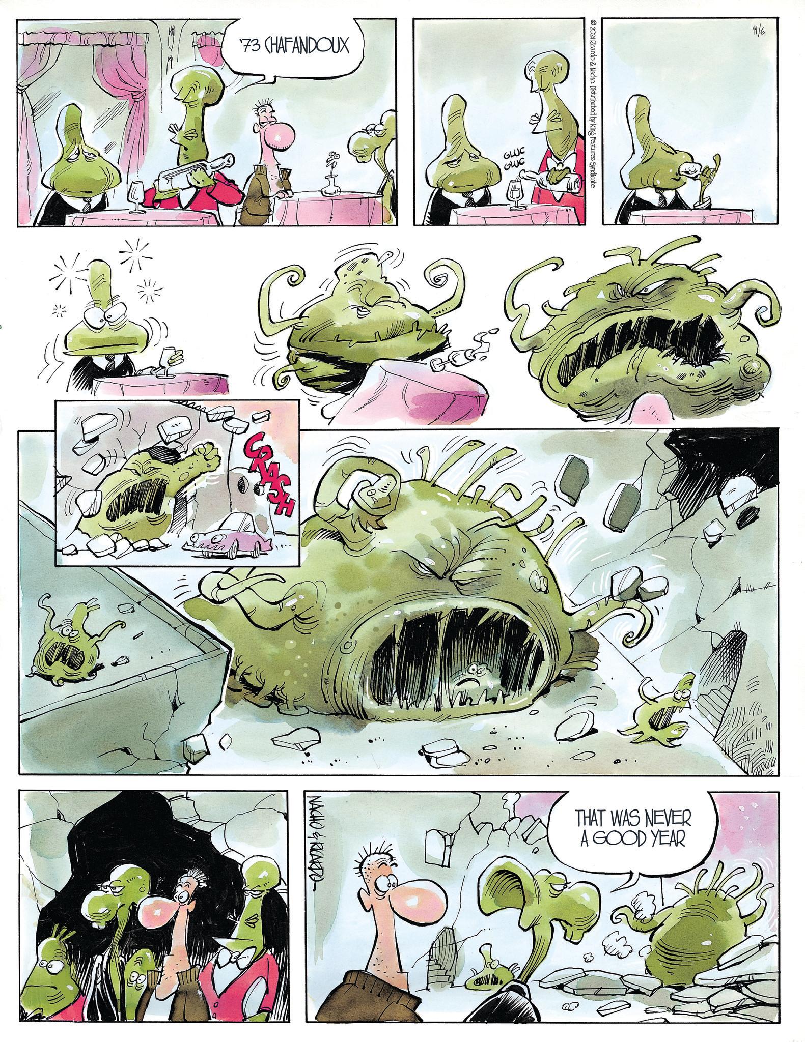 Pattern OCR: '73 CHAFANDOUX GLUC GLUC 2024 Ricardo & Nacho. Distributed by King Features Syndicate ??? NACHO & RICARDO 11/6 THAT WAS NEVER A GOOD YEAR '73 CHAFANDOUX GLUC GLUC 2024 Ricardo & Nacho . Distributed by King Features Syndicate ??? NACHO & RICARDO 11/6 THAT WAS NEVER A GOOD YEAR