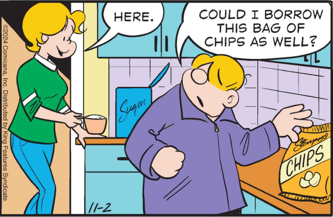 Adaptation OCR: ©2024 ComicanaInc. Distributed by King Features Syndicate HERE. Sugan COULD I BORROW THIS BAG OF CHIPS AS WELL? 11-2 ??? CHIPS © 2024 ComicanaInc. Distributed by King Features Syndicate HERE . Sugan COULD I BORROW THIS BAG OF CHIPS AS WELL ? 11-2 ??? CHIPS