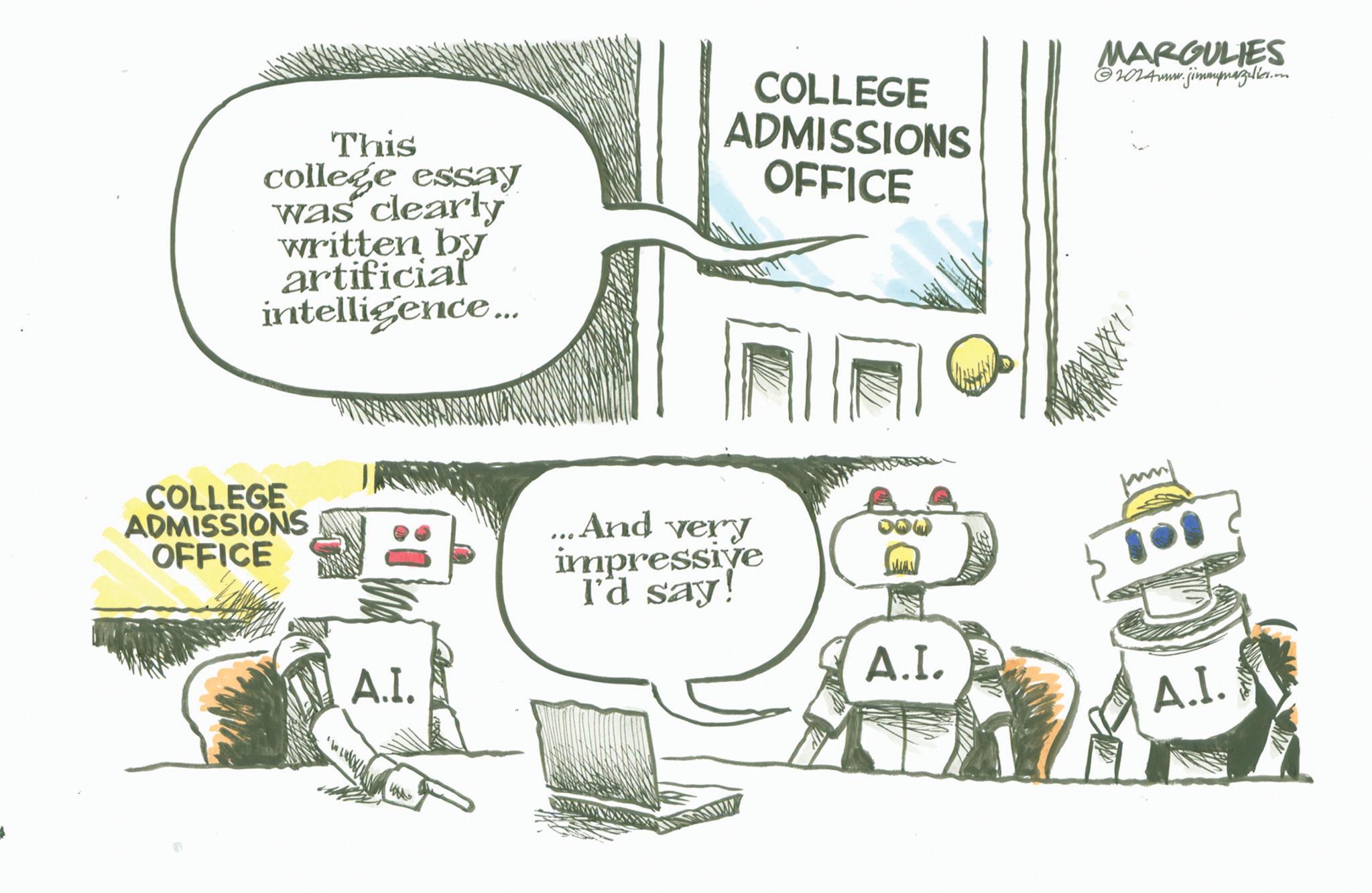 Diagram OCR: This college essay was clearly written by artificial intelligence... COLLEGE ADMISSIONS OFFICE :1 A.I. MARGULIES ©2014www.jimmymazulier.com COLLEGE ADMISSIONS OFFICE ...And very impressive I'd say! 101 A.I. A.I. This college essay was clearly written by artificial intelligence ... COLLEGE ADMISSIONS OFFICE : 1 A.I. MARGULIES © 2014www.jimmymazulier.com COLLEGE ADMISSIONS OFFICE ... And very impressive I'd say ! 101 A.I. A.I.