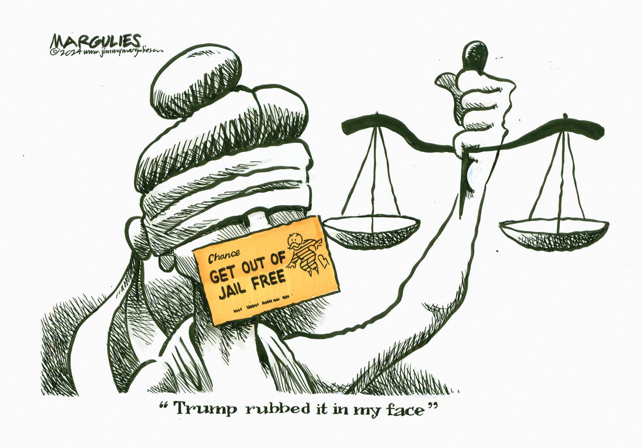 Drawing OCR: MARGULIES 2014 www.jimmymarguliesen Chance GET OUT OF JAIL FREE wewe mm. "Trump rubbed it in my face" MARGULIES 2014 www.jimmymarguliesen Chance GET OUT OF JAIL FREE wewe mm . " Trump rubbed it in my face "